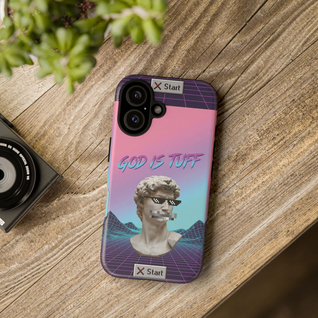 God is Tuff" Vaporwave Christian Phone Case | Aesthetic Statue with Pixel Shades, Retro 80s 90s Synthwave Grid, Gen Z Faith Gift