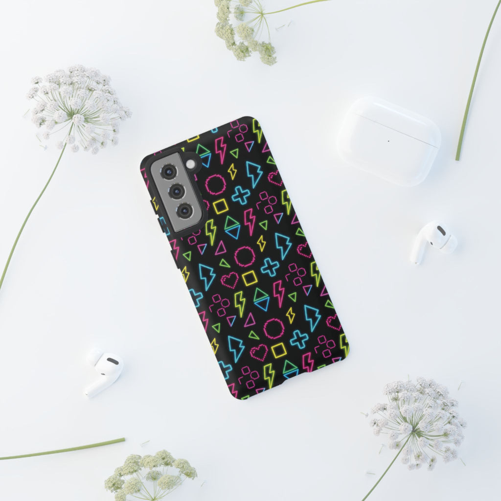 Electric Savior" Retro 90s Christian Phone Case | Neon Synthwave Pixel Art, Lightning Cross & Geometric Design, Bold Faith Gift