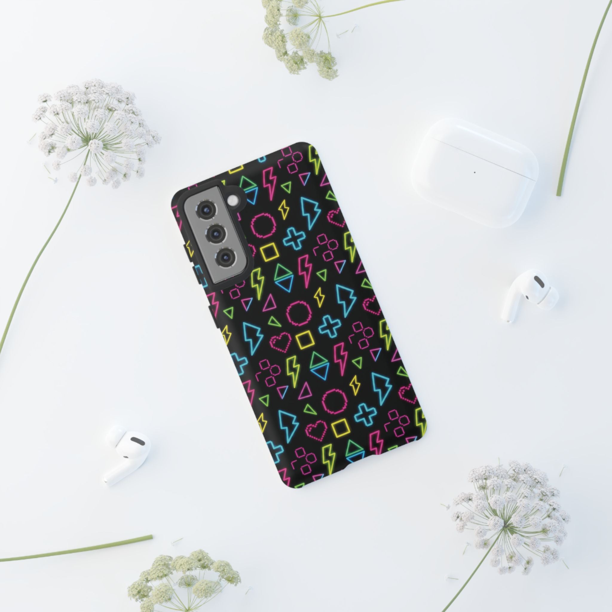 Electric Savior" Retro 90s Christian Phone Case | Neon Synthwave Pixel Art, Lightning Cross & Geometric Design, Bold Faith Gift