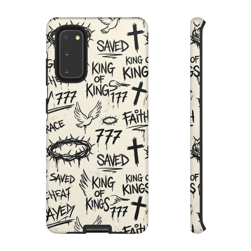 Christian Graffiti Phone Case | "Saved" & "King of Kings" Doodle Art, Urban Streetwear Faith Cover, Modern Religious Sketch Design