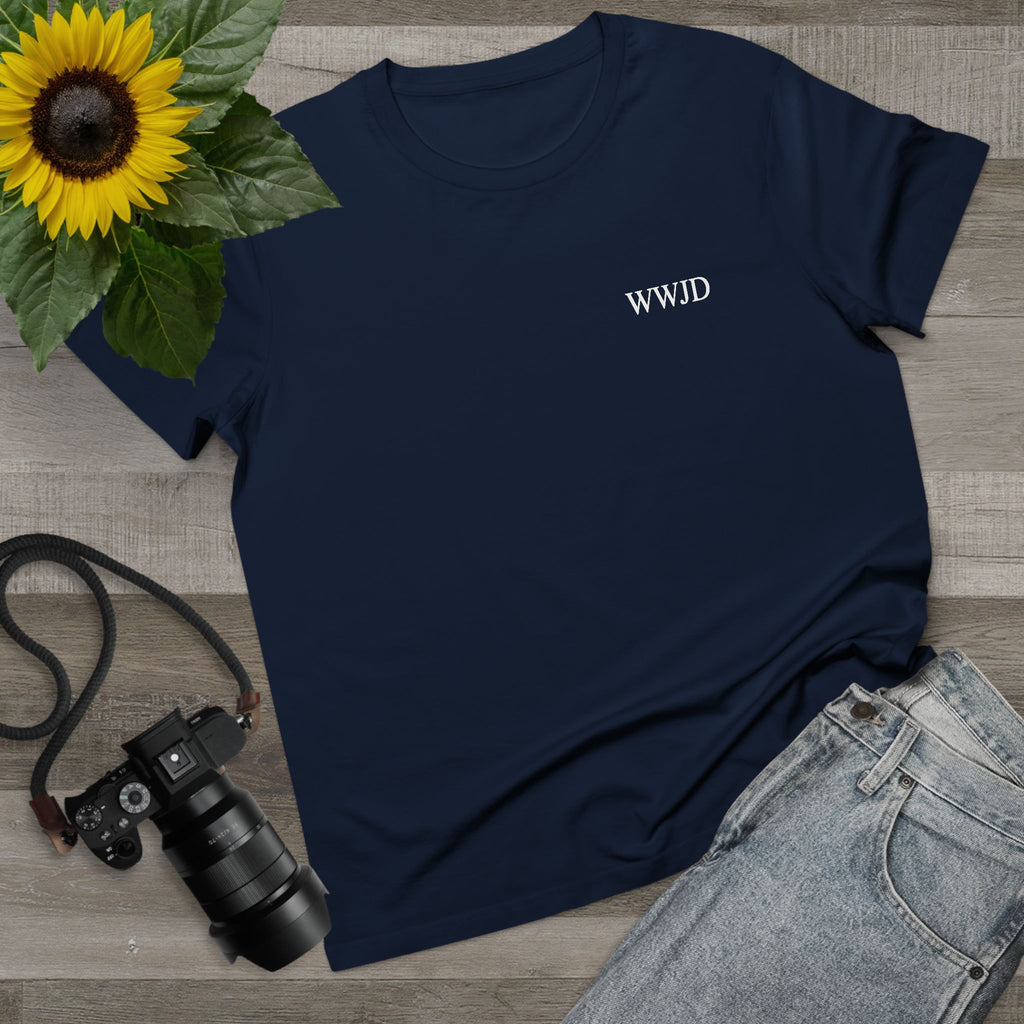 WWJD chest print T-Shirt | 1 John 2:6 scripture back