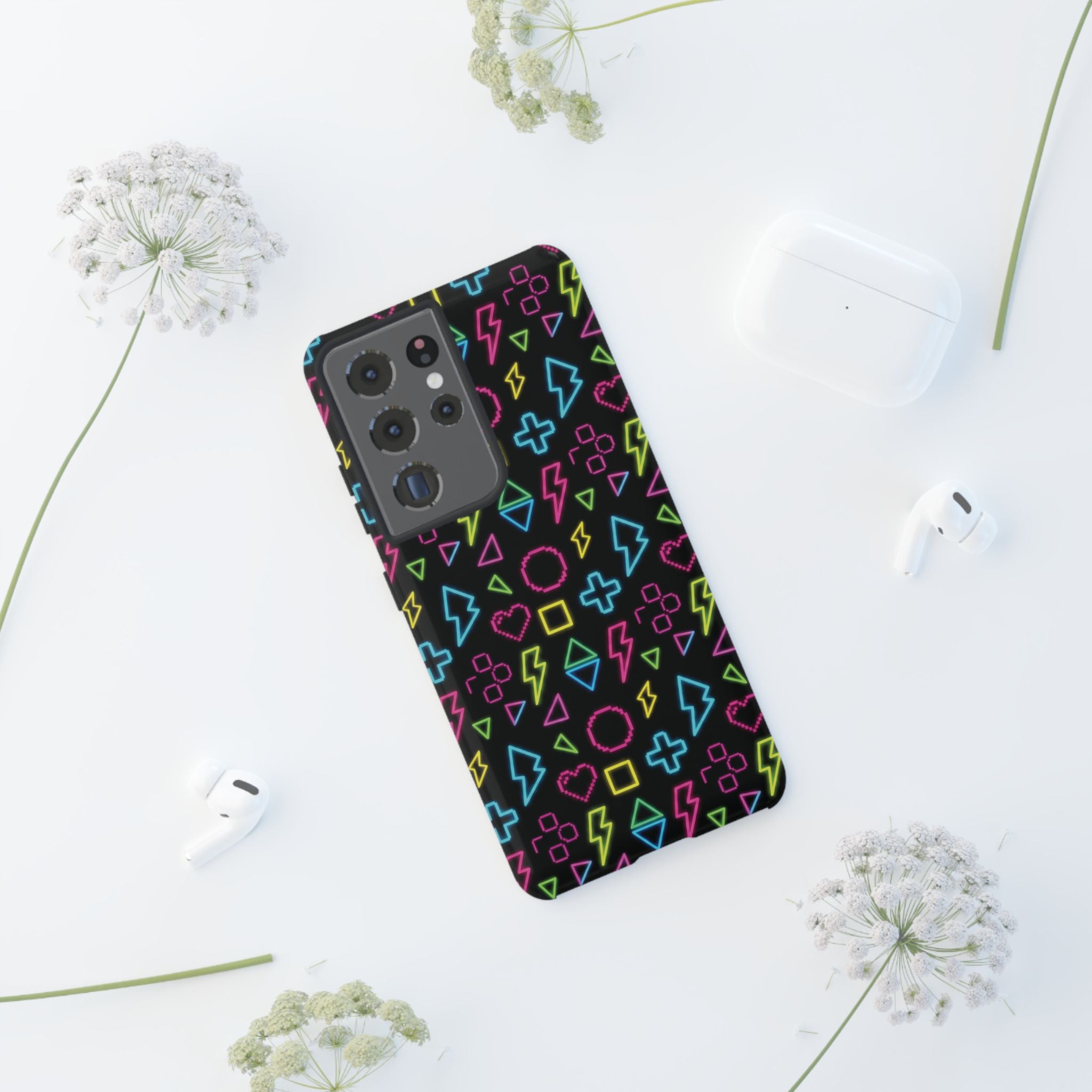 Electric Savior" Retro 90s Christian Phone Case | Neon Synthwave Pixel Art, Lightning Cross & Geometric Design, Bold Faith Gift