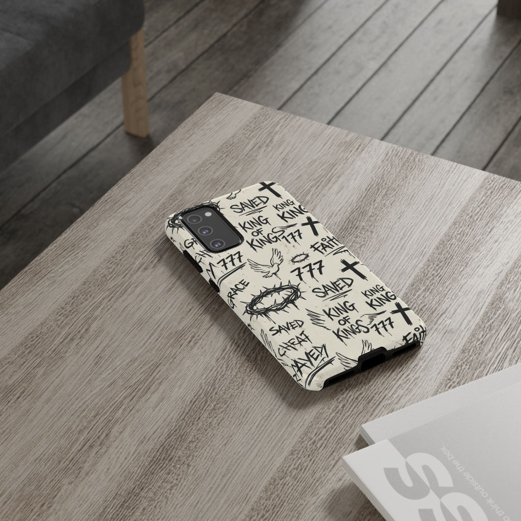 Christian Graffiti Phone Case | "Saved" & "King of Kings" Doodle Art, Urban Streetwear Faith Cover, Modern Religious Sketch Design