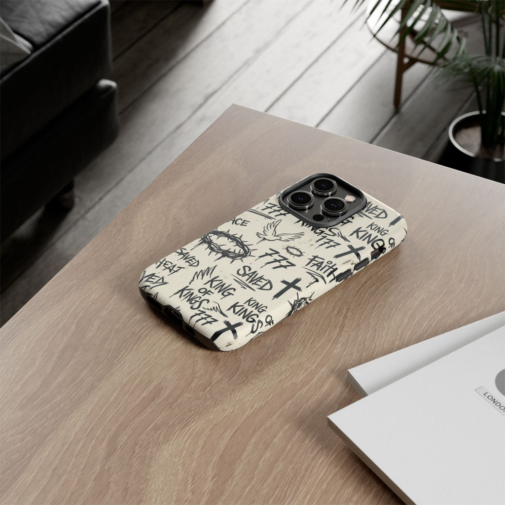 Christian Graffiti Phone Case | "Saved" & "King of Kings" Doodle Art, Urban Streetwear Faith Cover, Modern Religious Sketch Design