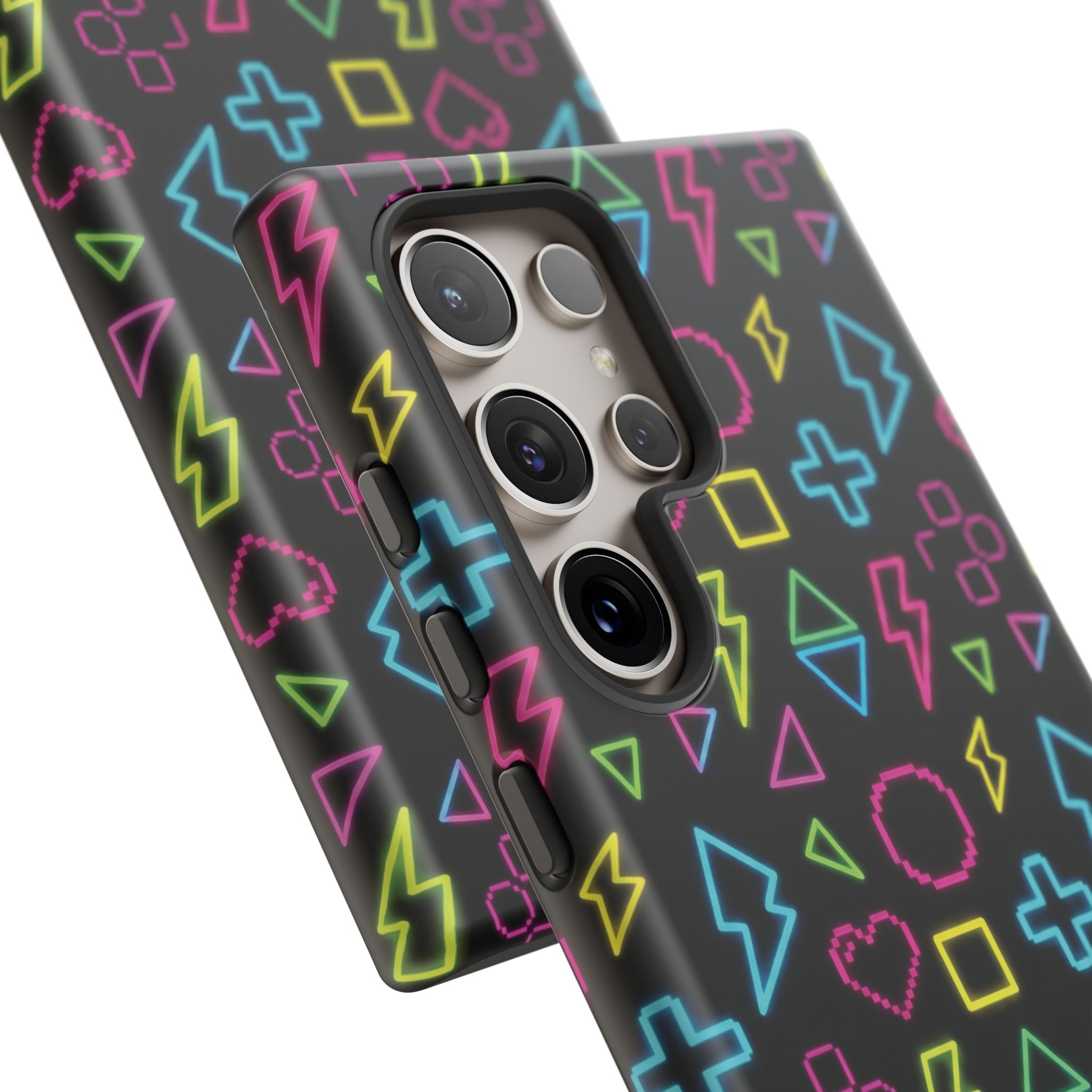 Electric Savior" Retro 90s Christian Phone Case | Neon Synthwave Pixel Art, Lightning Cross & Geometric Design, Bold Faith Gift