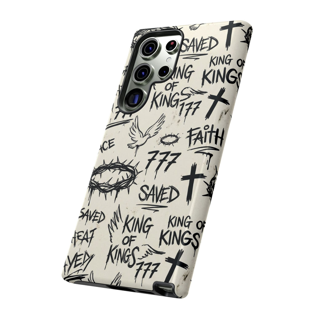 Christian Graffiti Phone Case | "Saved" & "King of Kings" Doodle Art, Urban Streetwear Faith Cover, Modern Religious Sketch Design