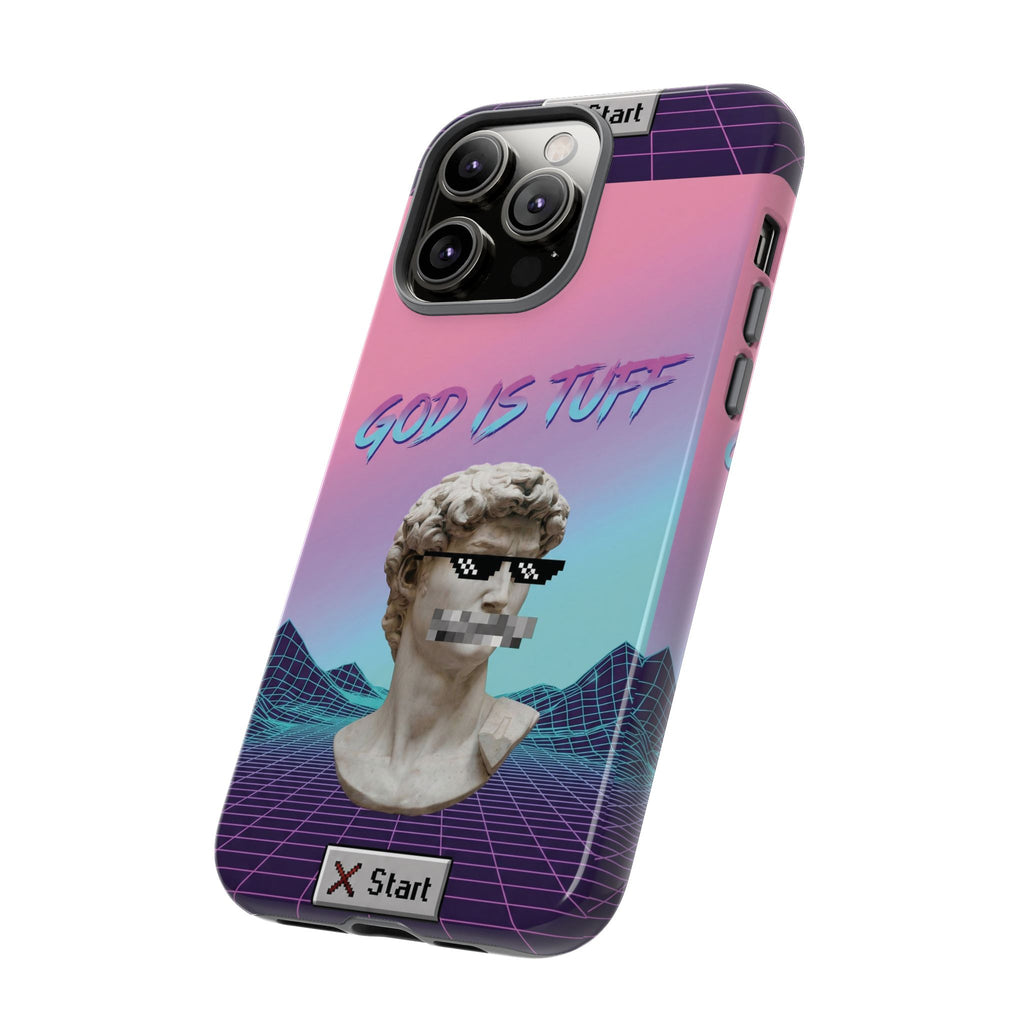 God is Tuff" Vaporwave Christian Phone Case | Aesthetic Statue with Pixel Shades, Retro 80s 90s Synthwave Grid, Gen Z Faith Gift