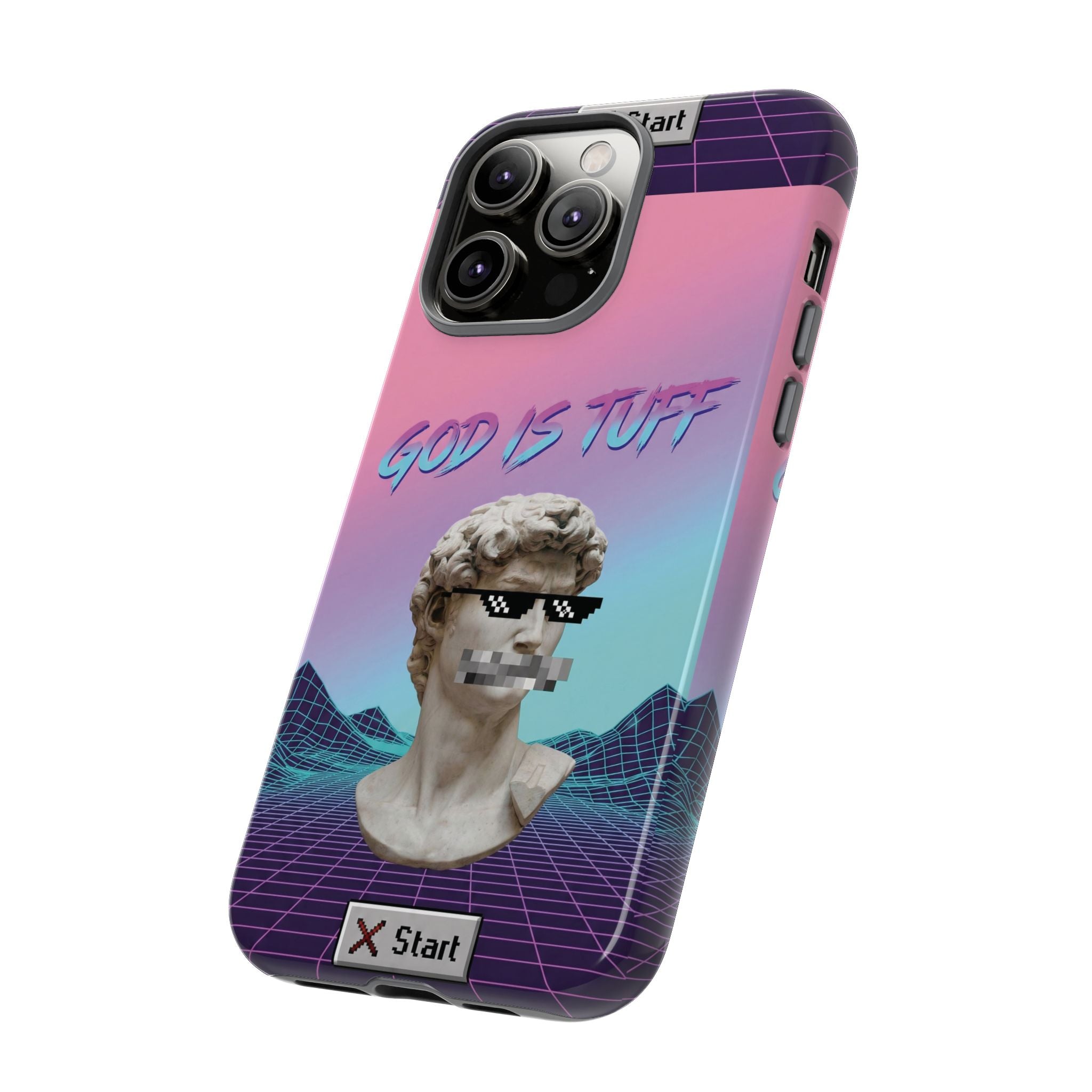 God is Tuff" Vaporwave Christian Phone Case | Aesthetic Statue with Pixel Shades, Retro 80s 90s Synthwave Grid, Gen Z Faith Gift