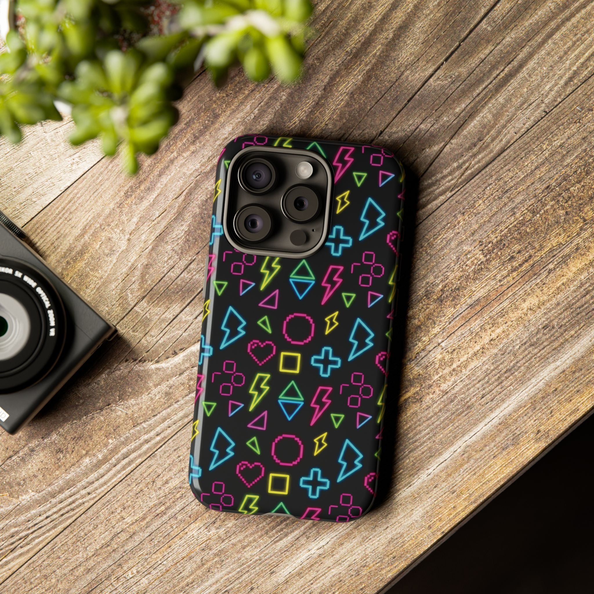 Electric Savior" Retro 90s Christian Phone Case | Neon Synthwave Pixel Art, Lightning Cross & Geometric Design, Bold Faith Gift