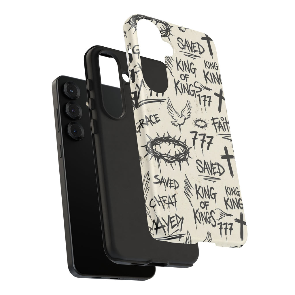 Christian Graffiti Phone Case | "Saved" & "King of Kings" Doodle Art, Urban Streetwear Faith Cover, Modern Religious Sketch Design