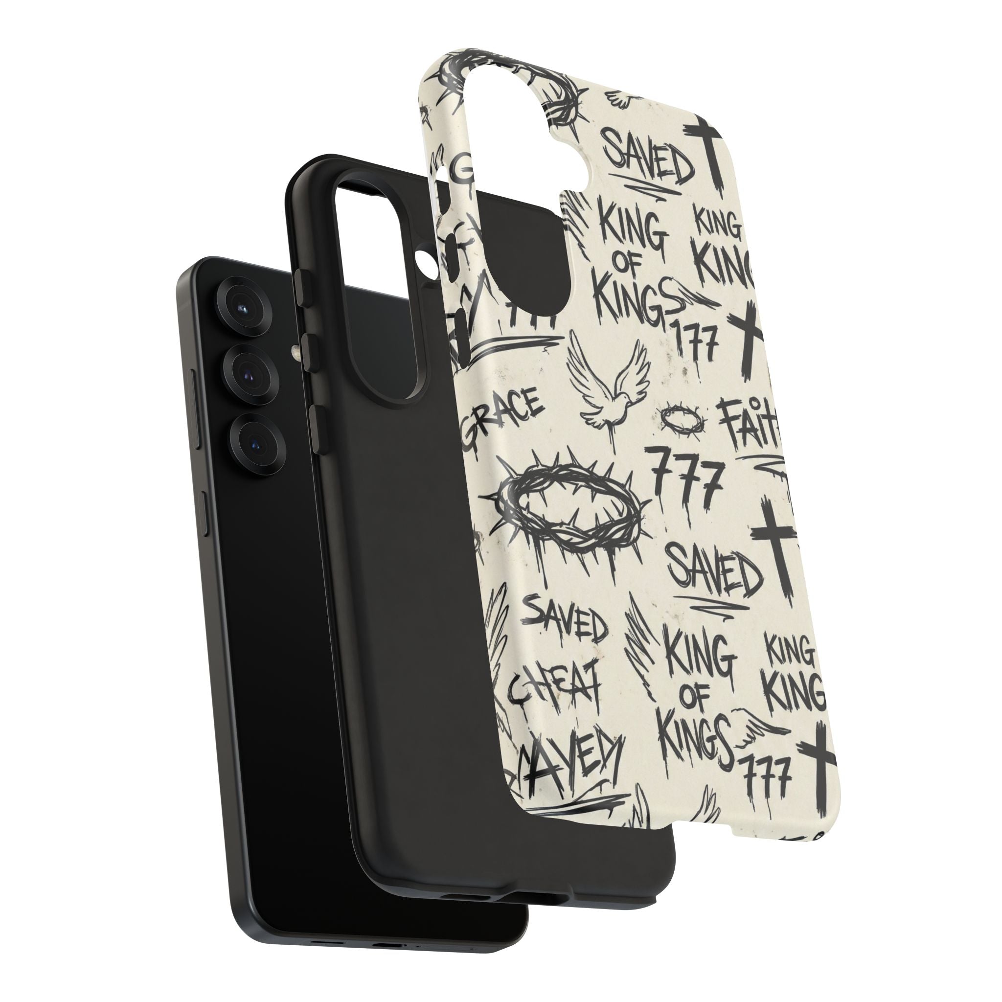 Christian Graffiti Phone Case | "Saved" & "King of Kings" Doodle Art, Urban Streetwear Faith Cover, Modern Religious Sketch Design