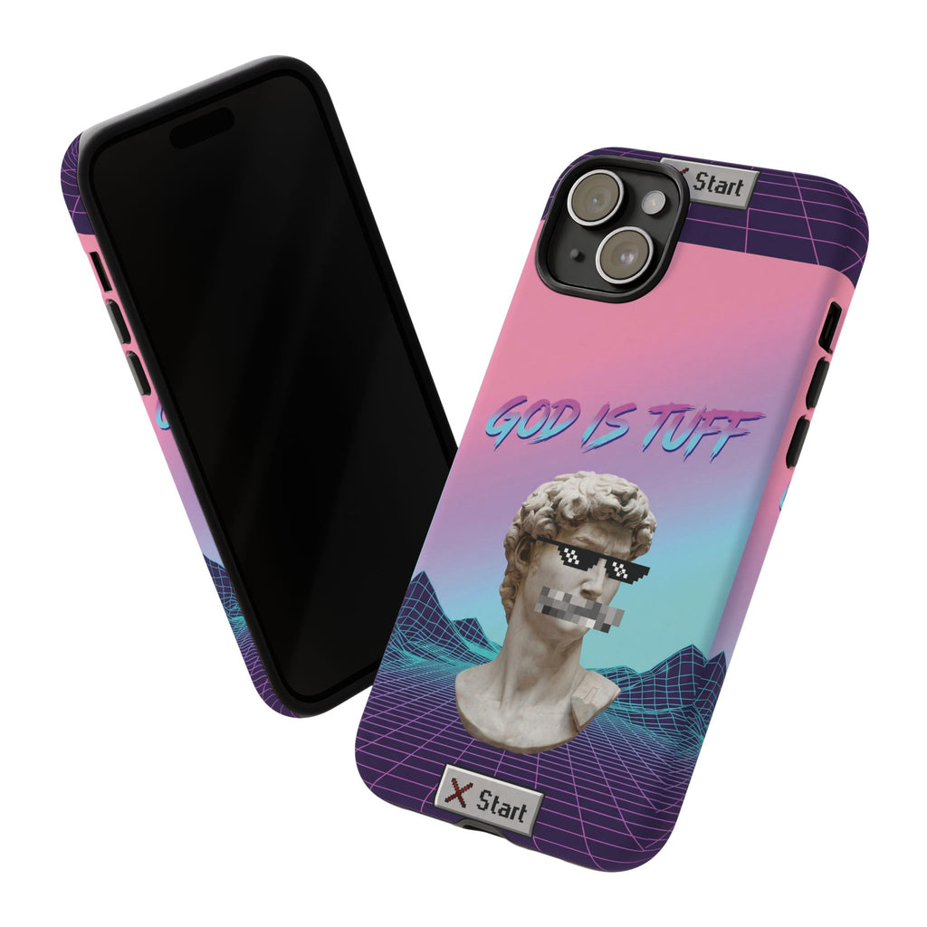 God is Tuff" Vaporwave Christian Phone Case | Aesthetic Statue with Pixel Shades, Retro 80s 90s Synthwave Grid, Gen Z Faith Gift