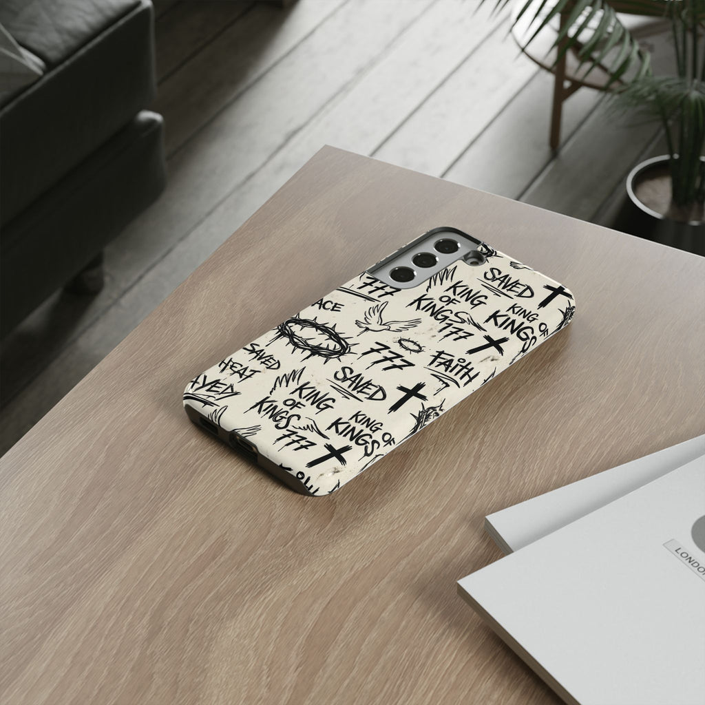 Christian Graffiti Phone Case | "Saved" & "King of Kings" Doodle Art, Urban Streetwear Faith Cover, Modern Religious Sketch Design