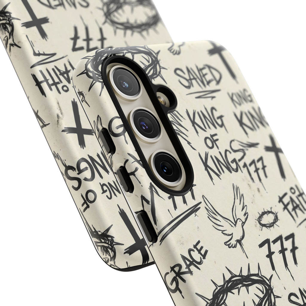 Christian Graffiti Phone Case | "Saved" & "King of Kings" Doodle Art, Urban Streetwear Faith Cover, Modern Religious Sketch Design