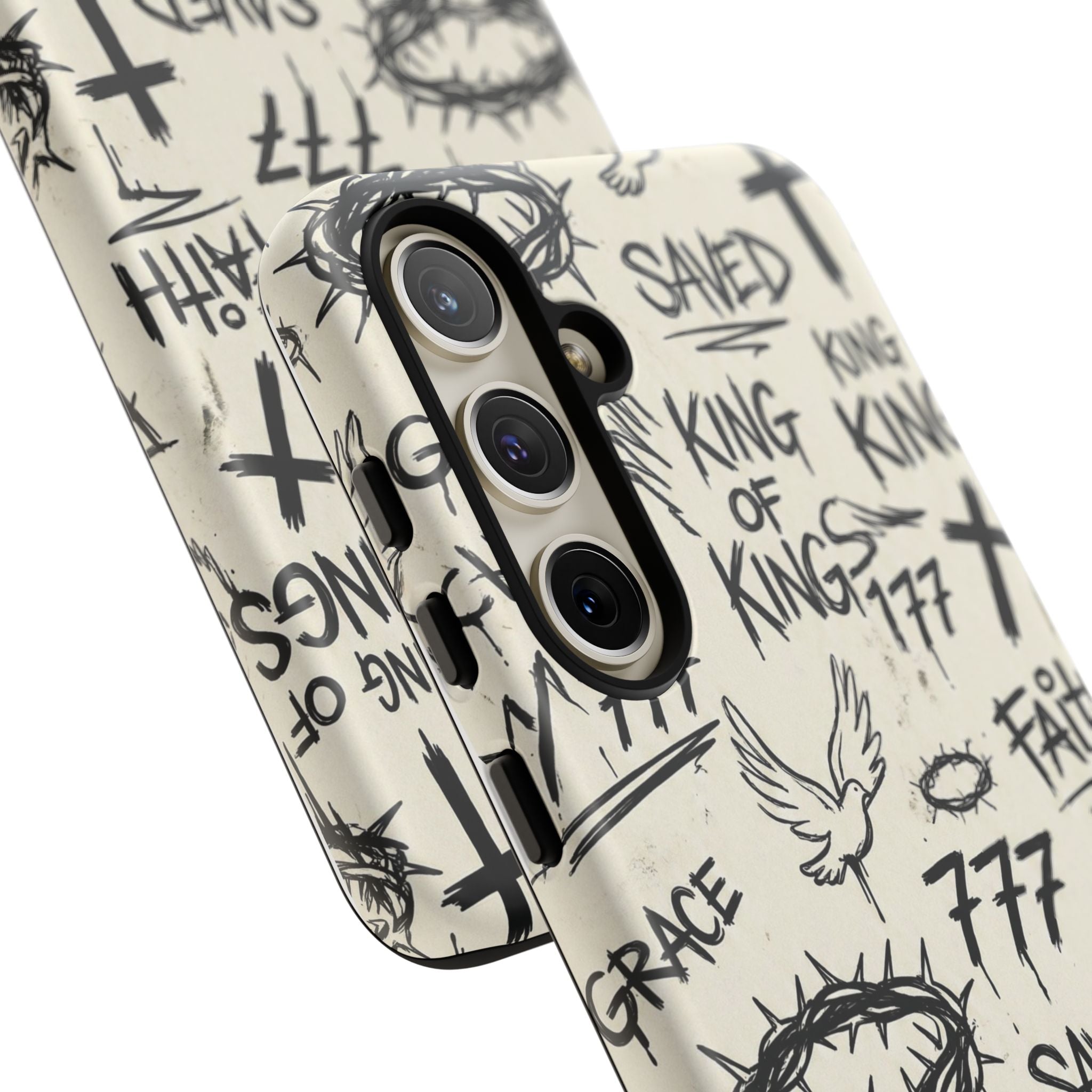Christian Graffiti Phone Case | "Saved" & "King of Kings" Doodle Art, Urban Streetwear Faith Cover, Modern Religious Sketch Design