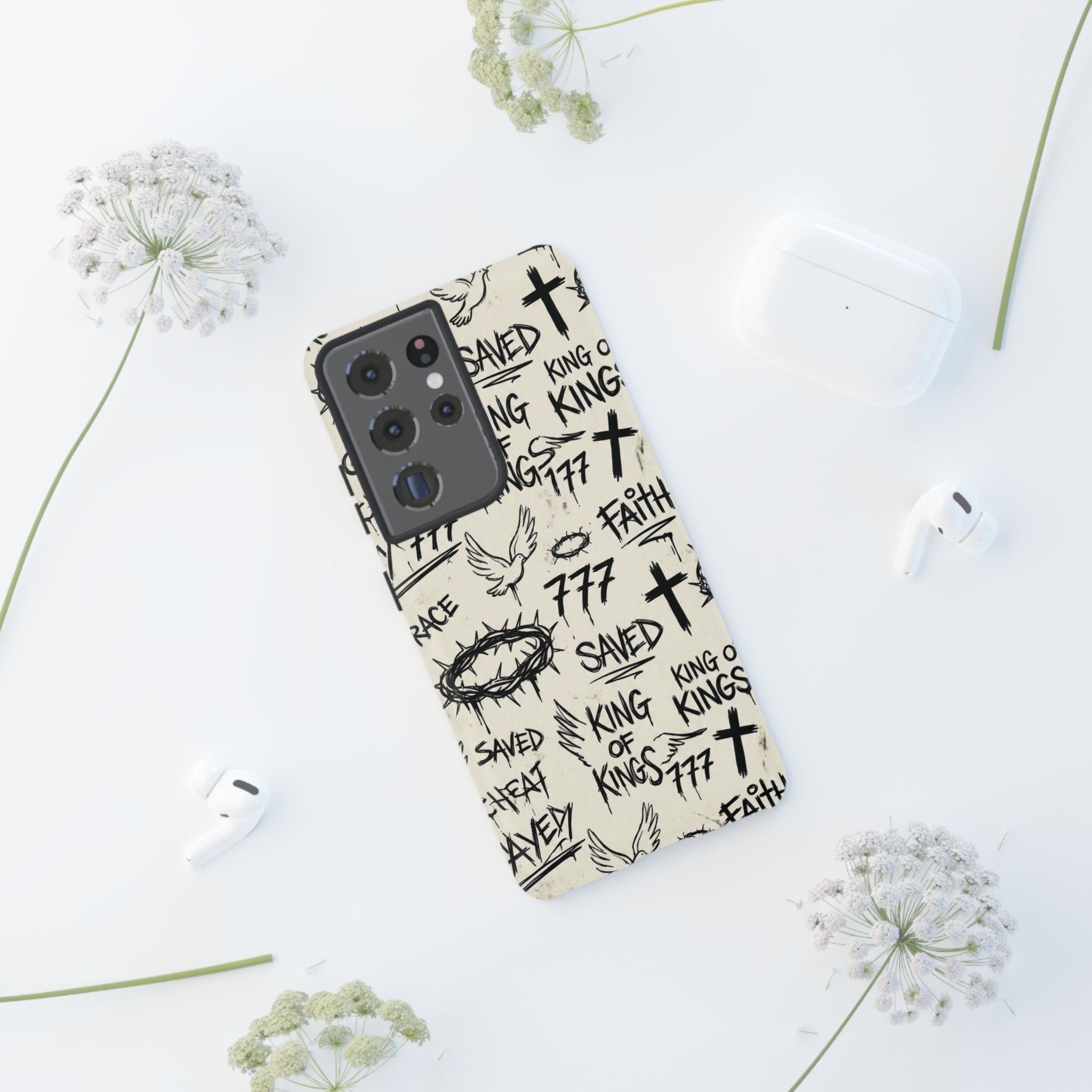 Christian Graffiti Phone Case | "Saved" & "King of Kings" Doodle Art, Urban Streetwear Faith Cover, Modern Religious Sketch Design