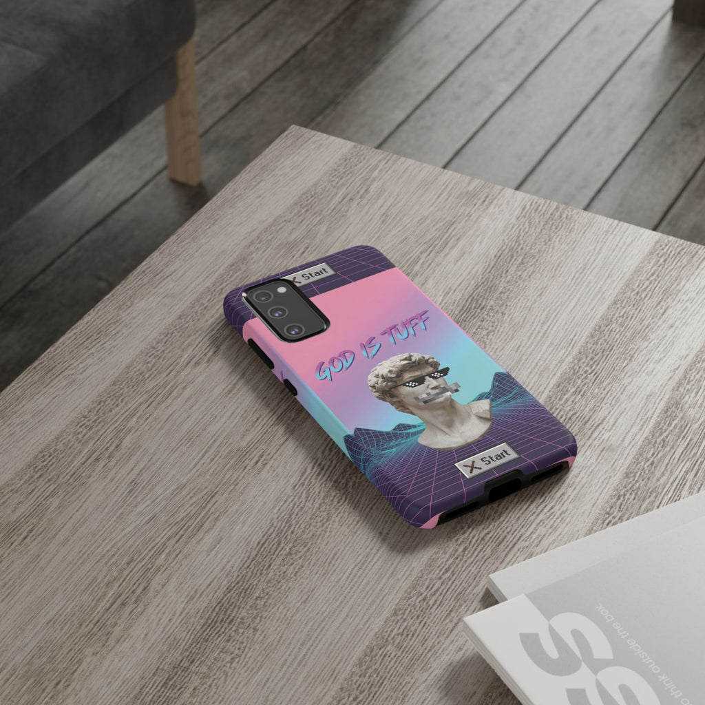 God is Tuff" Vaporwave Christian Phone Case | Aesthetic Statue with Pixel Shades, Retro 80s 90s Synthwave Grid, Gen Z Faith Gift
