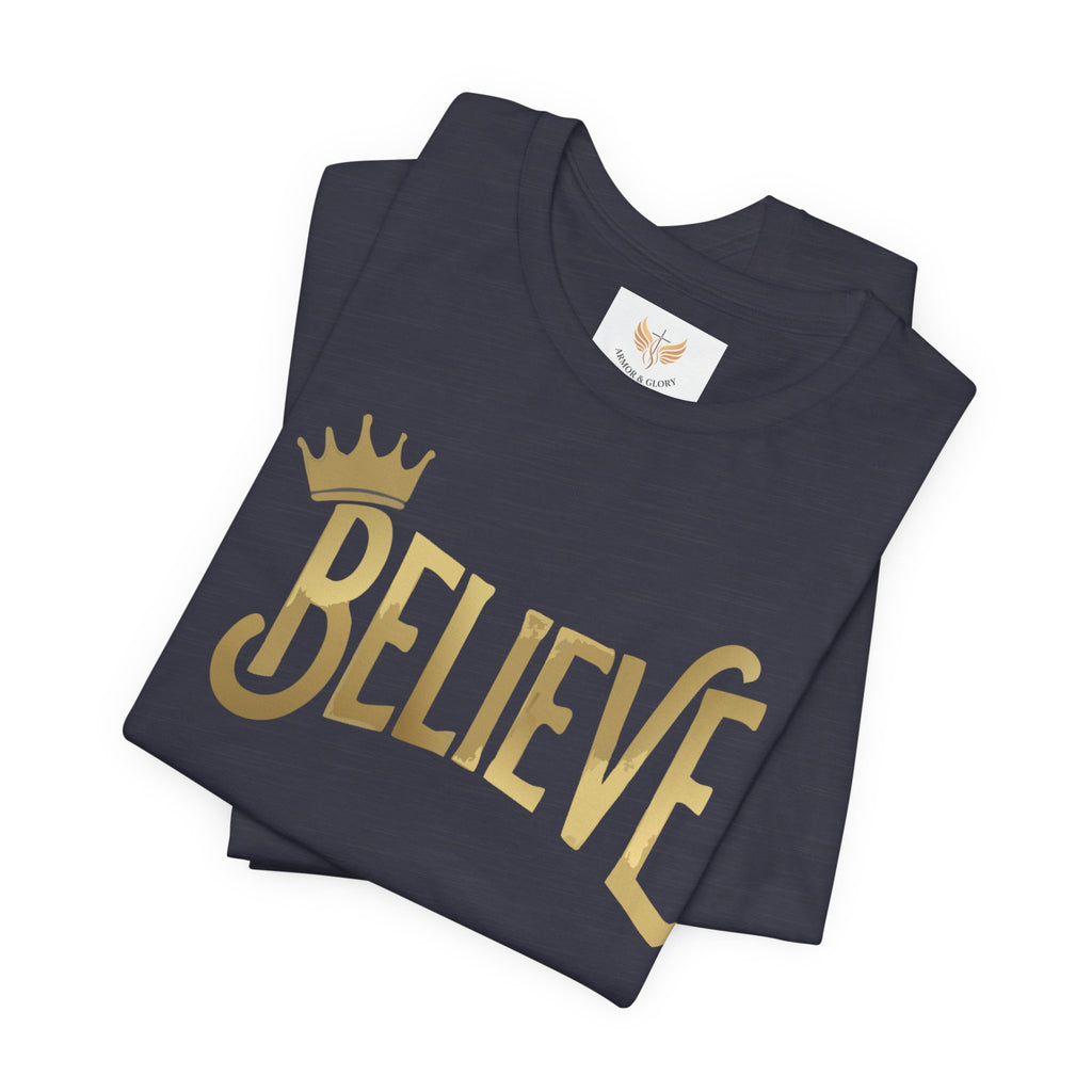 Believe Crown Christian Shirt with hand lettered BELIEVE and a small crown. A soft unisex jersey tee that keeps faith simple, modern, and wearable. Perfect as an encouragement gift or an everyday reminder to keep trusting God.