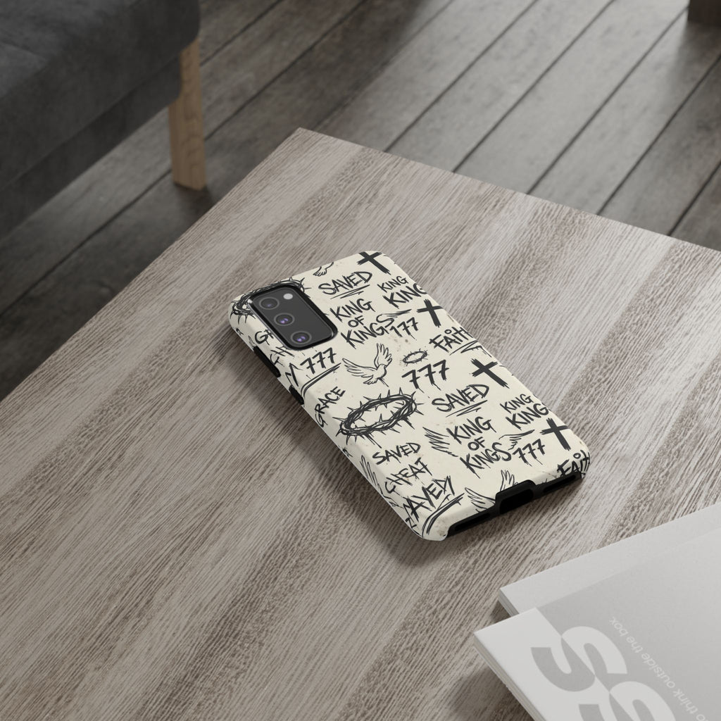 Christian Graffiti Phone Case | "Saved" & "King of Kings" Doodle Art, Urban Streetwear Faith Cover, Modern Religious Sketch Design