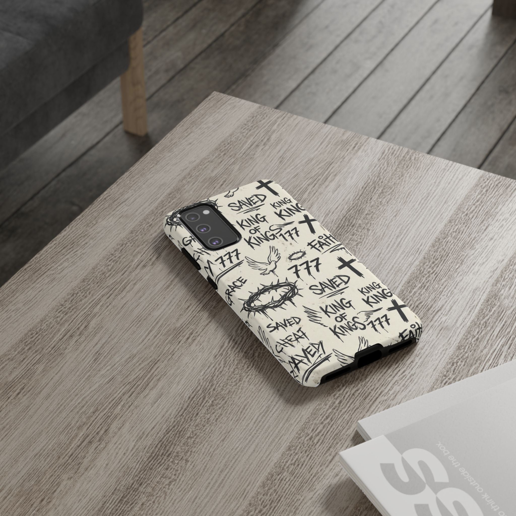 Christian Graffiti Phone Case | "Saved" & "King of Kings" Doodle Art, Urban Streetwear Faith Cover, Modern Religious Sketch Design