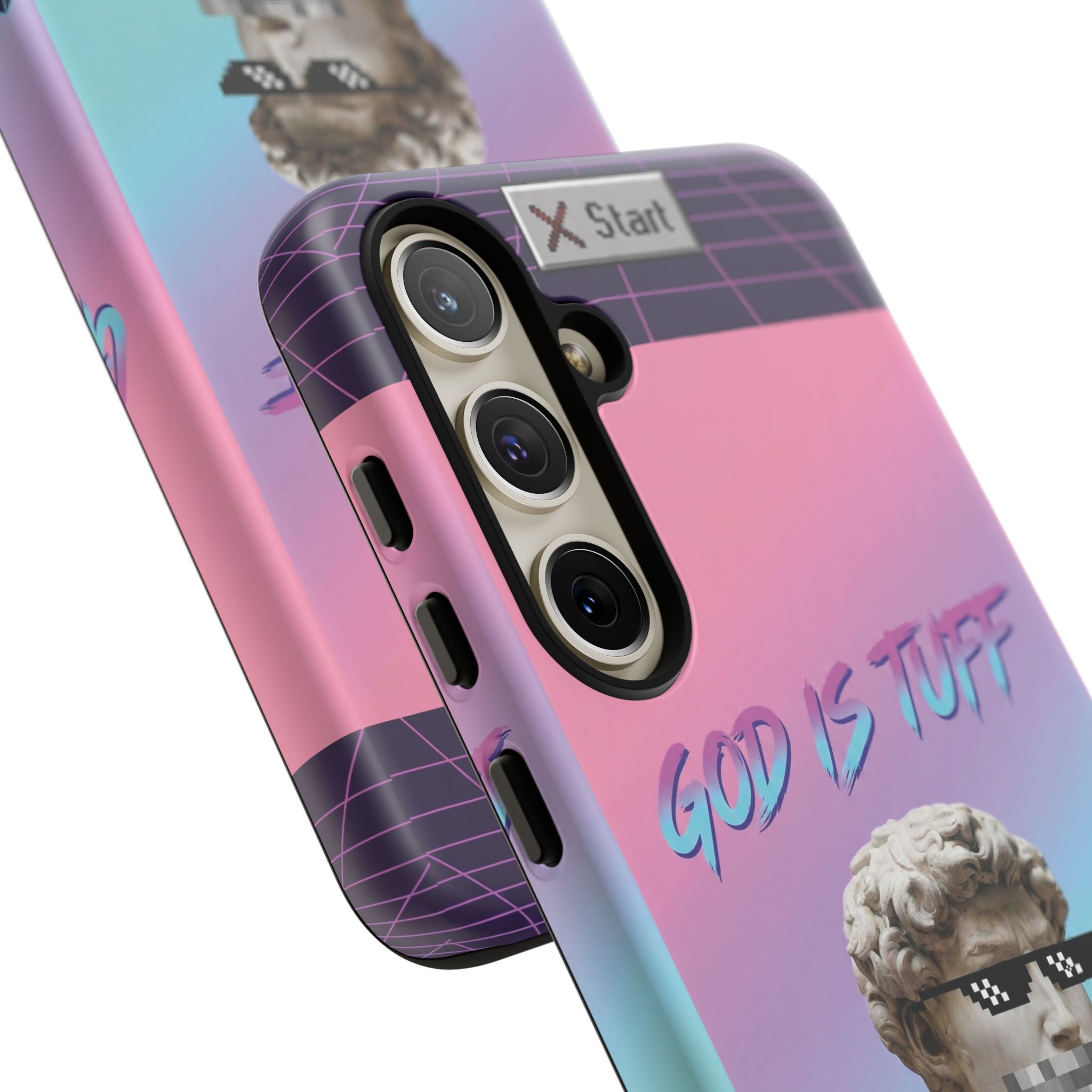 God is Tuff" Vaporwave Christian Phone Case | Aesthetic Statue with Pixel Shades, Retro 80s 90s Synthwave Grid, Gen Z Faith Gift