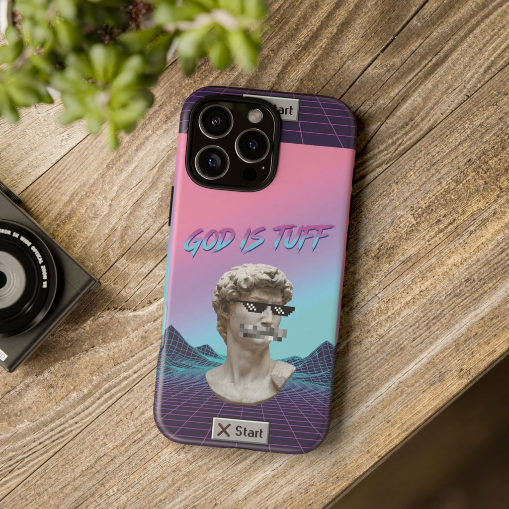 God is Tuff" Vaporwave Christian Phone Case | Aesthetic Statue with Pixel Shades, Retro 80s 90s Synthwave Grid, Gen Z Faith Gift