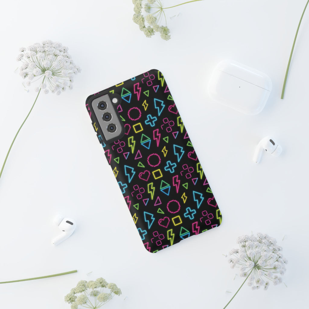 Electric Savior" Retro 90s Christian Phone Case | Neon Synthwave Pixel Art, Lightning Cross & Geometric Design, Bold Faith Gift