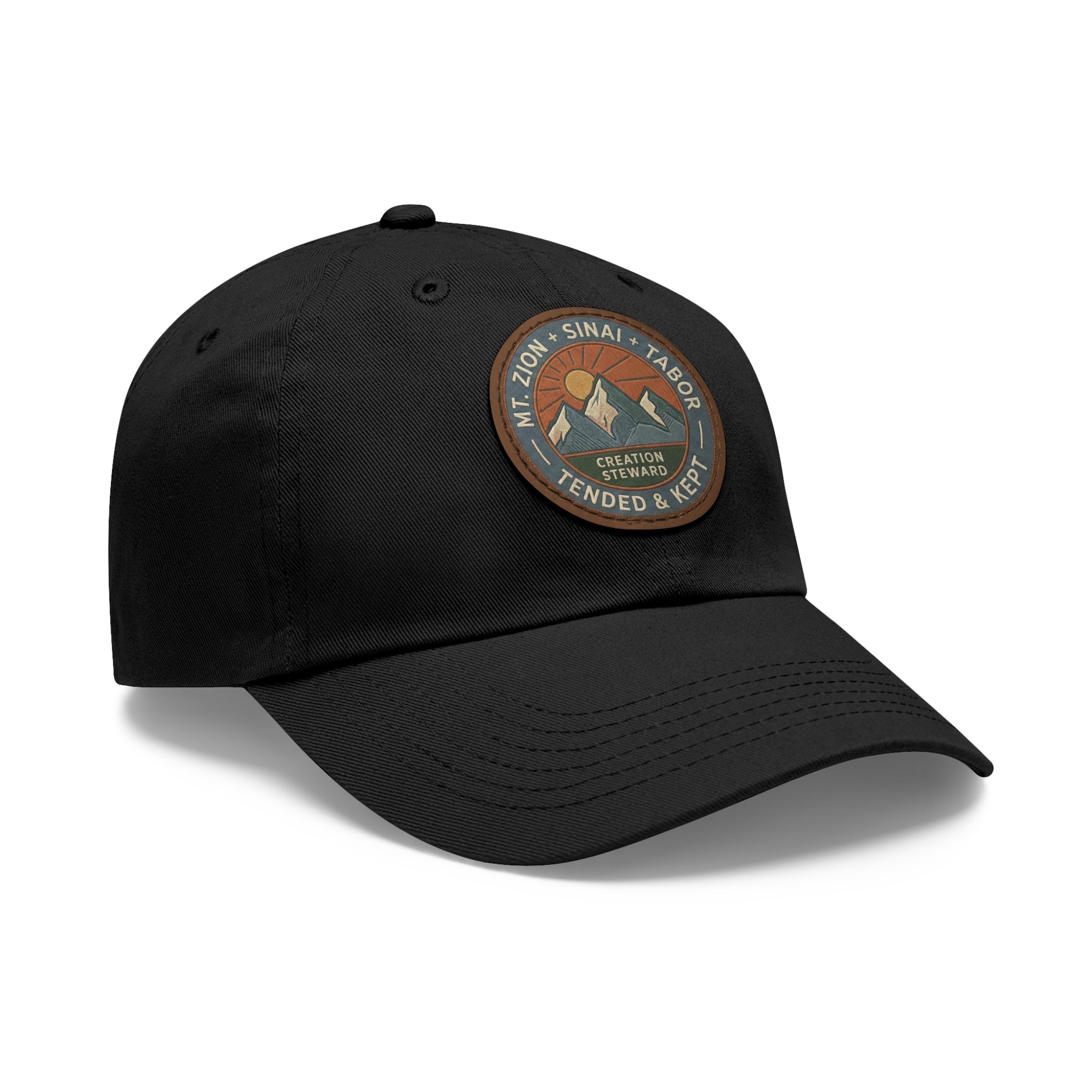 Leather Patch Dad Hat, Christian Mountain Cap, Genesis 2 15 Tended and Kept, Creation Care Outdoor Hat, Gift For Him