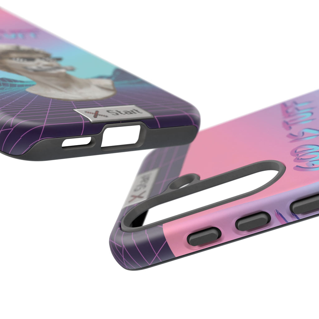 God is Tuff" Vaporwave Christian Phone Case | Aesthetic Statue with Pixel Shades, Retro 80s 90s Synthwave Grid, Gen Z Faith Gift