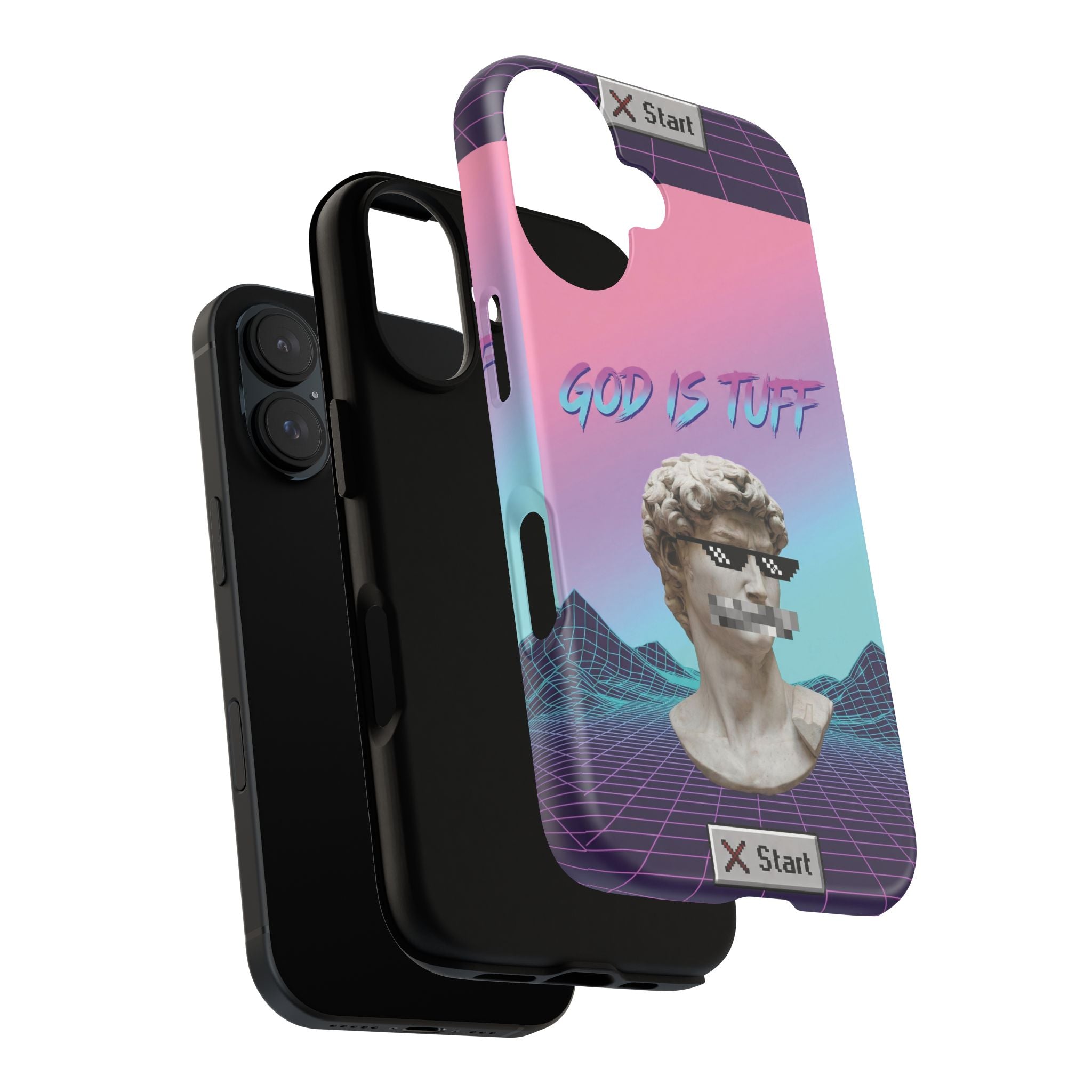 God is Tuff" Vaporwave Christian Phone Case | Aesthetic Statue with Pixel Shades, Retro 80s 90s Synthwave Grid, Gen Z Faith Gift
