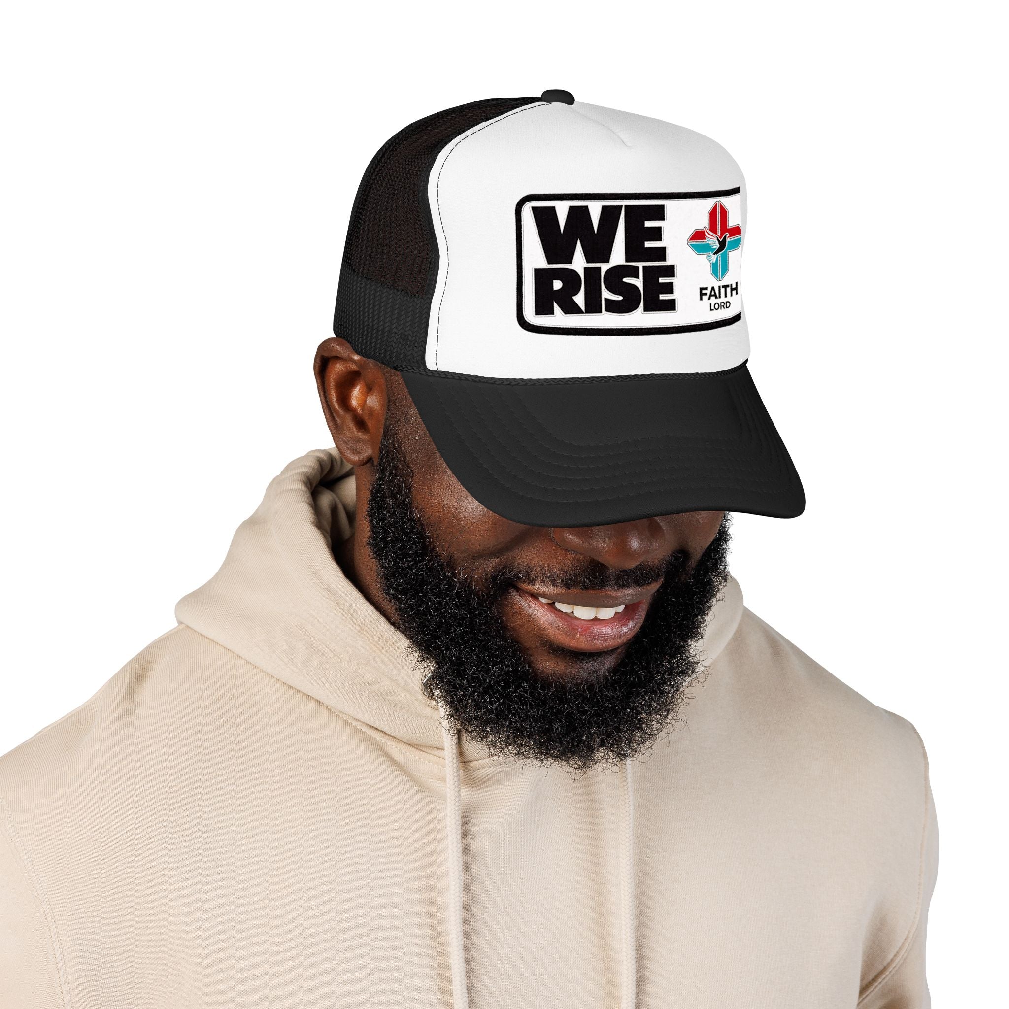 Christian Trucker Hat, We Rise Foam Hat, Retro Soccer Fan Cap, Faith Patch Hat, Stadium Style Christian Cap