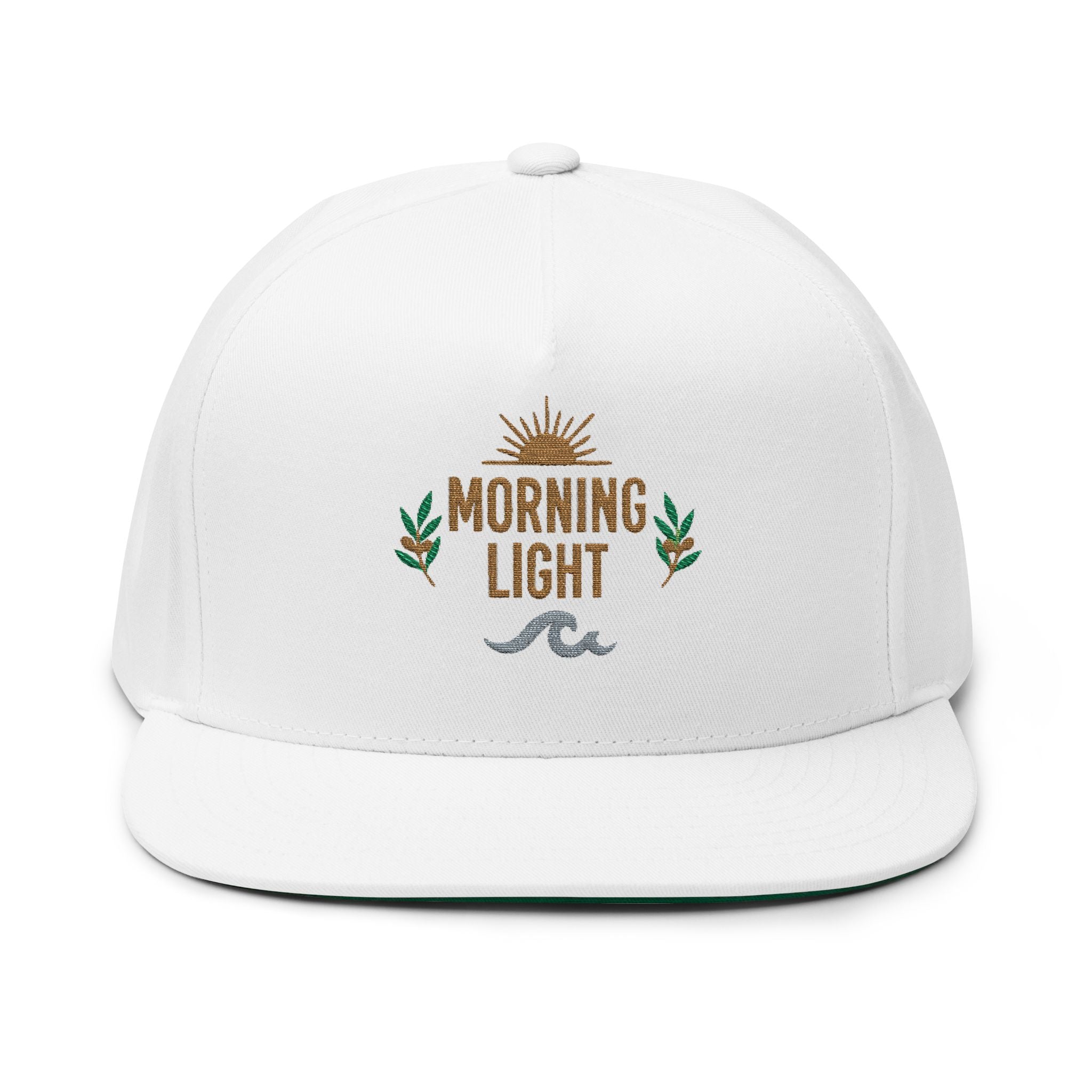 Morning Light embroidered flat bill cap | sun, laurel, wave design