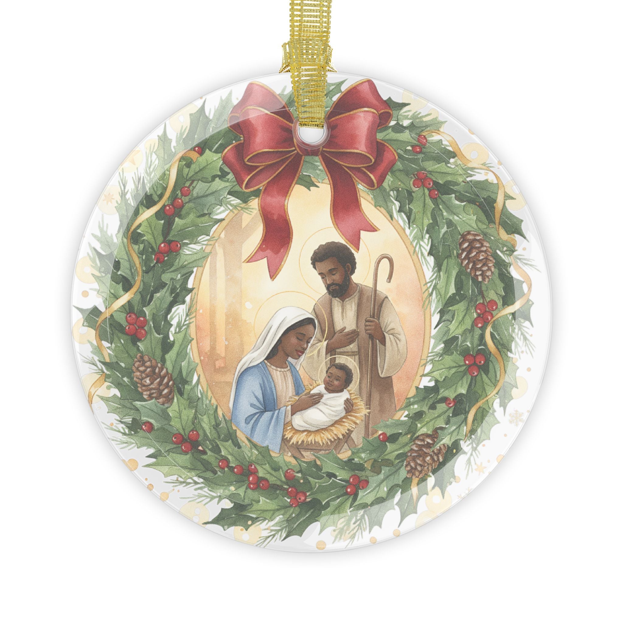 African American Nativity Glass Ornament Holy Family Wreath Christmas Decor Beveled Glass Keepsake Religious Gift