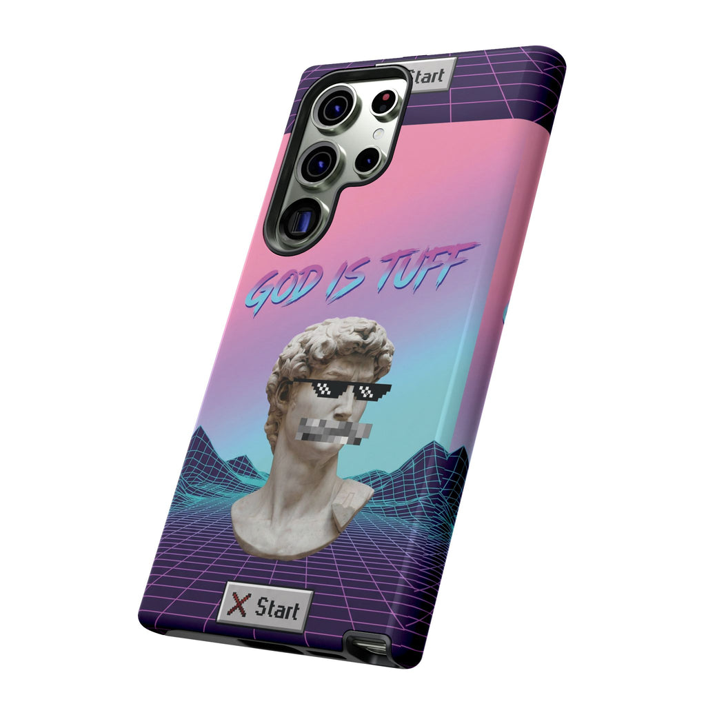 God is Tuff" Vaporwave Christian Phone Case | Aesthetic Statue with Pixel Shades, Retro 80s 90s Synthwave Grid, Gen Z Faith Gift