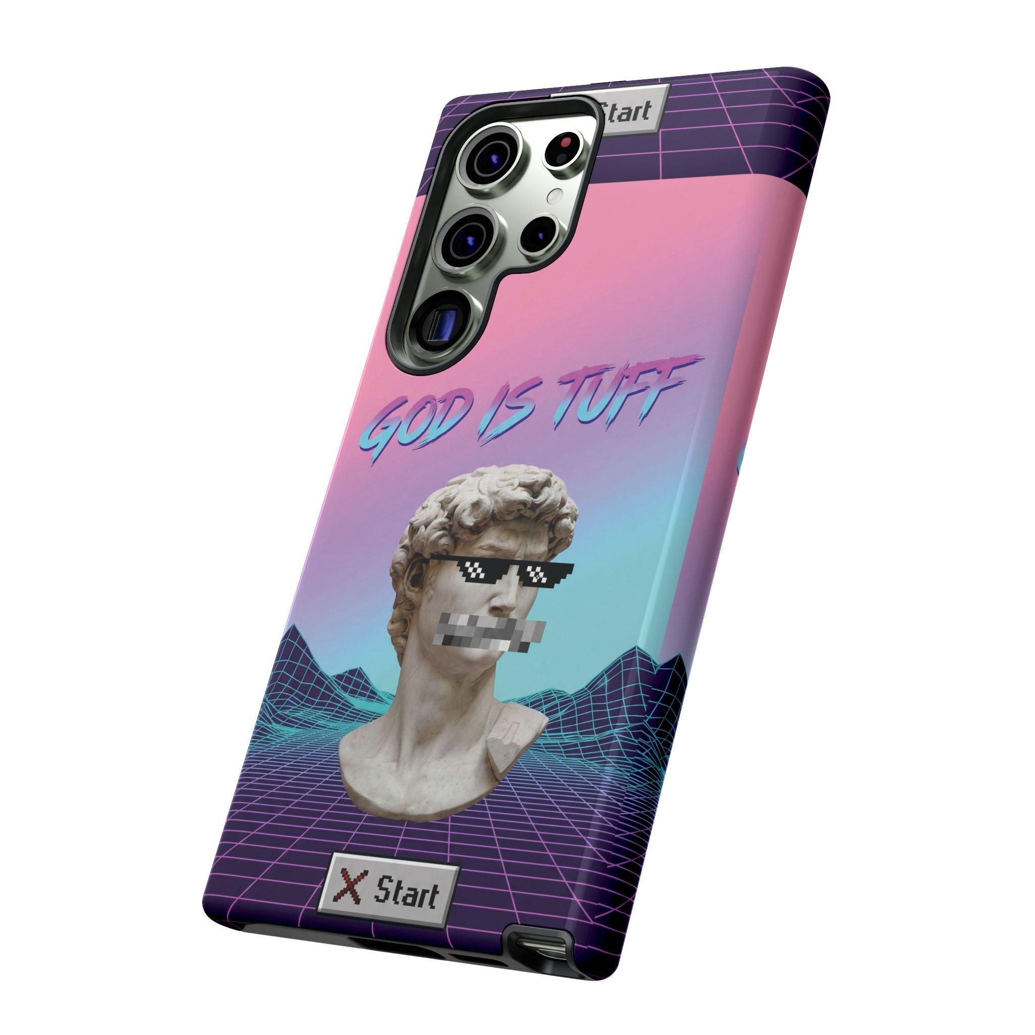 God is Tuff" Vaporwave Christian Phone Case | Aesthetic Statue with Pixel Shades, Retro 80s 90s Synthwave Grid, Gen Z Faith Gift