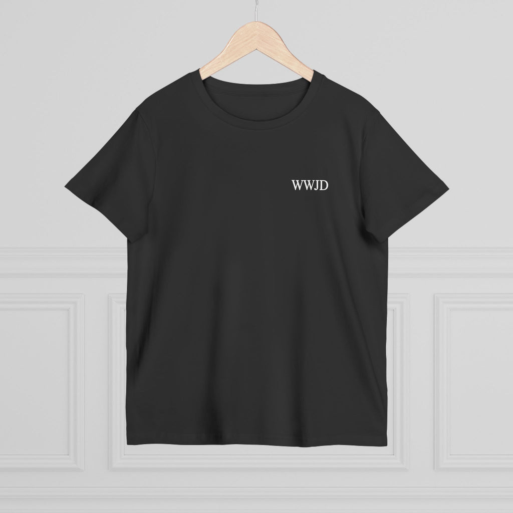 WWJD chest print T-Shirt | 1 John 2:6 scripture back