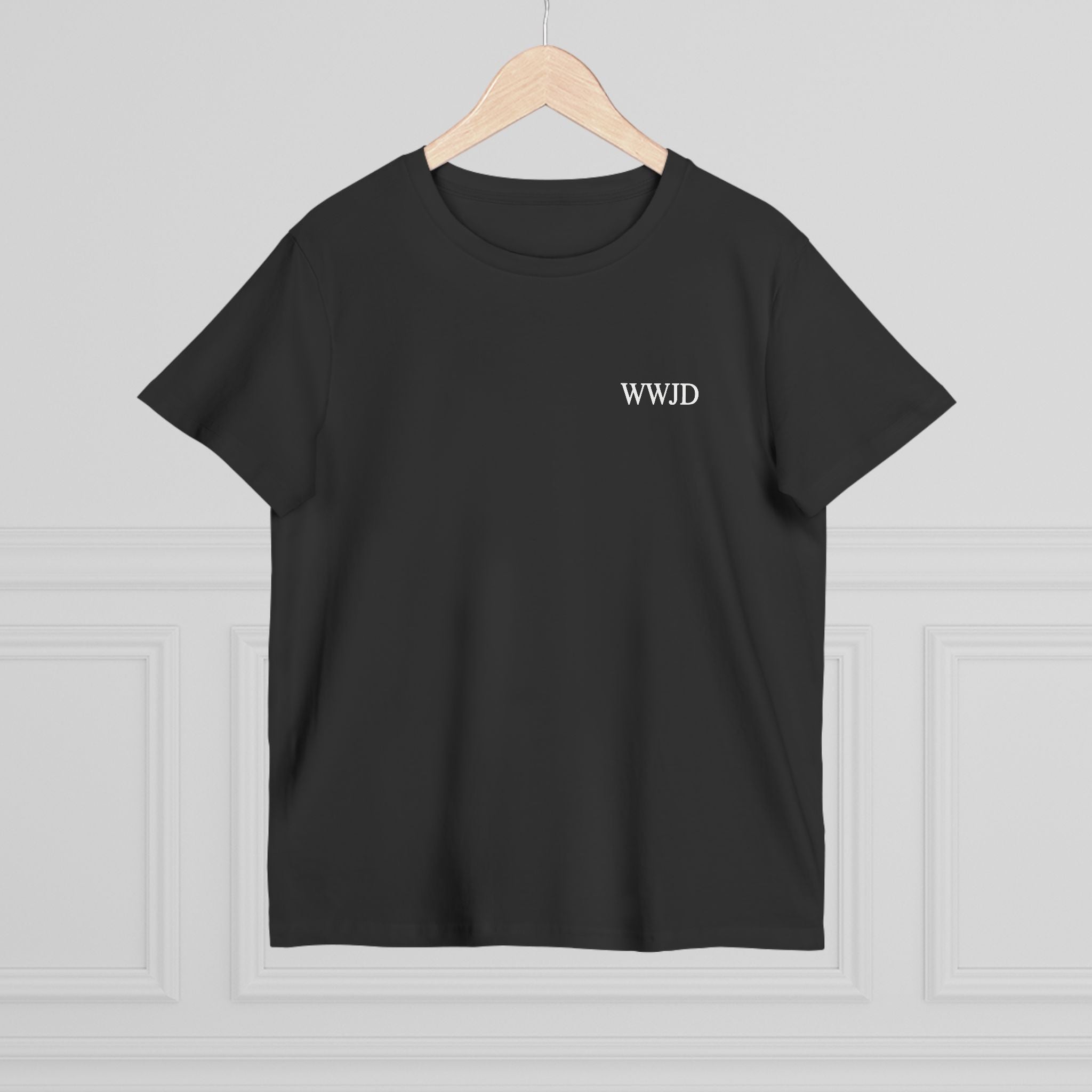 WWJD chest print T-Shirt | 1 John 2:6 scripture back