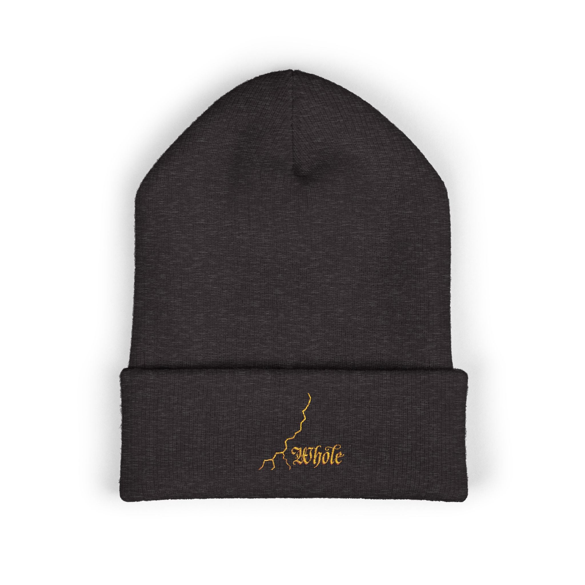 Christian Streetwear Beanie - Mended & Whole Gold Embroidery - Dark Charcoal Knit Hat - Faith Based Apparel Gift - Urban Lightning Bolt Cap