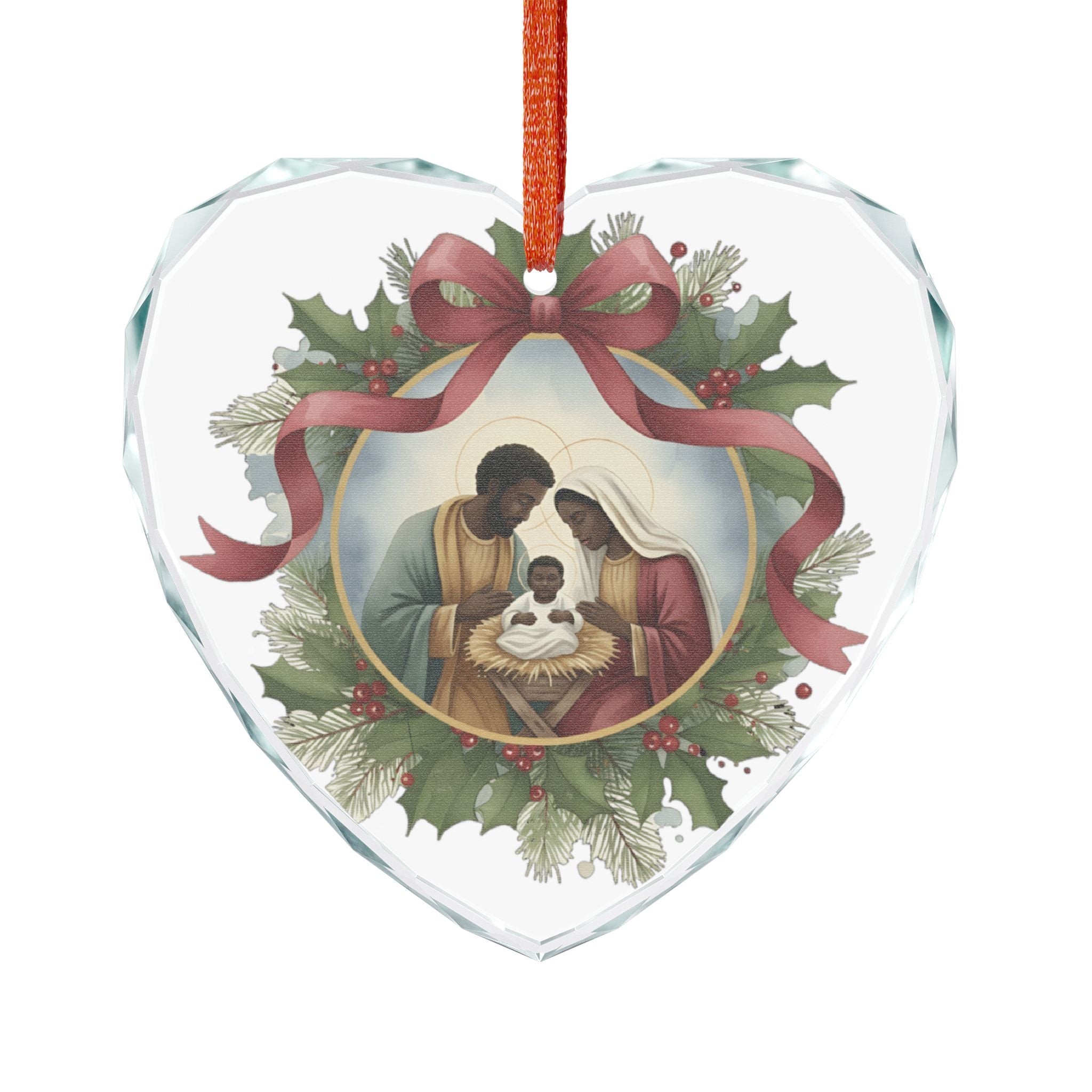 African American Nativity Ornament Heart Glass | Holy Family Christmas Decor | Black Holy Family Keepsake | Christian Christmas Gift