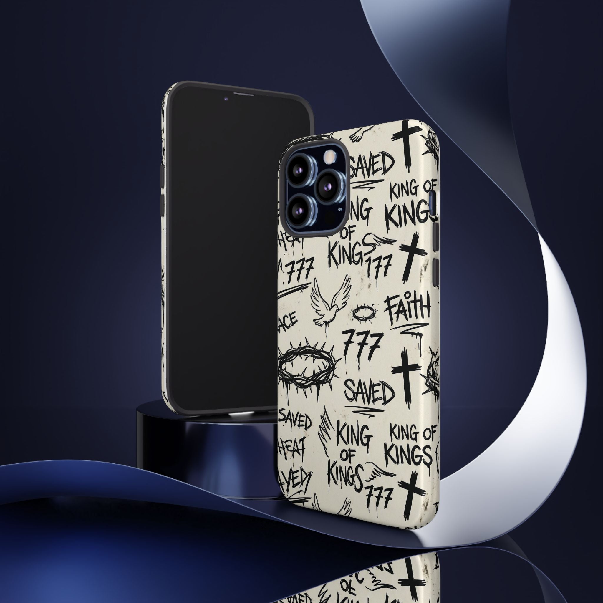 Christian Graffiti Phone Case | "Saved" & "King of Kings" Doodle Art, Urban Streetwear Faith Cover, Modern Religious Sketch Design