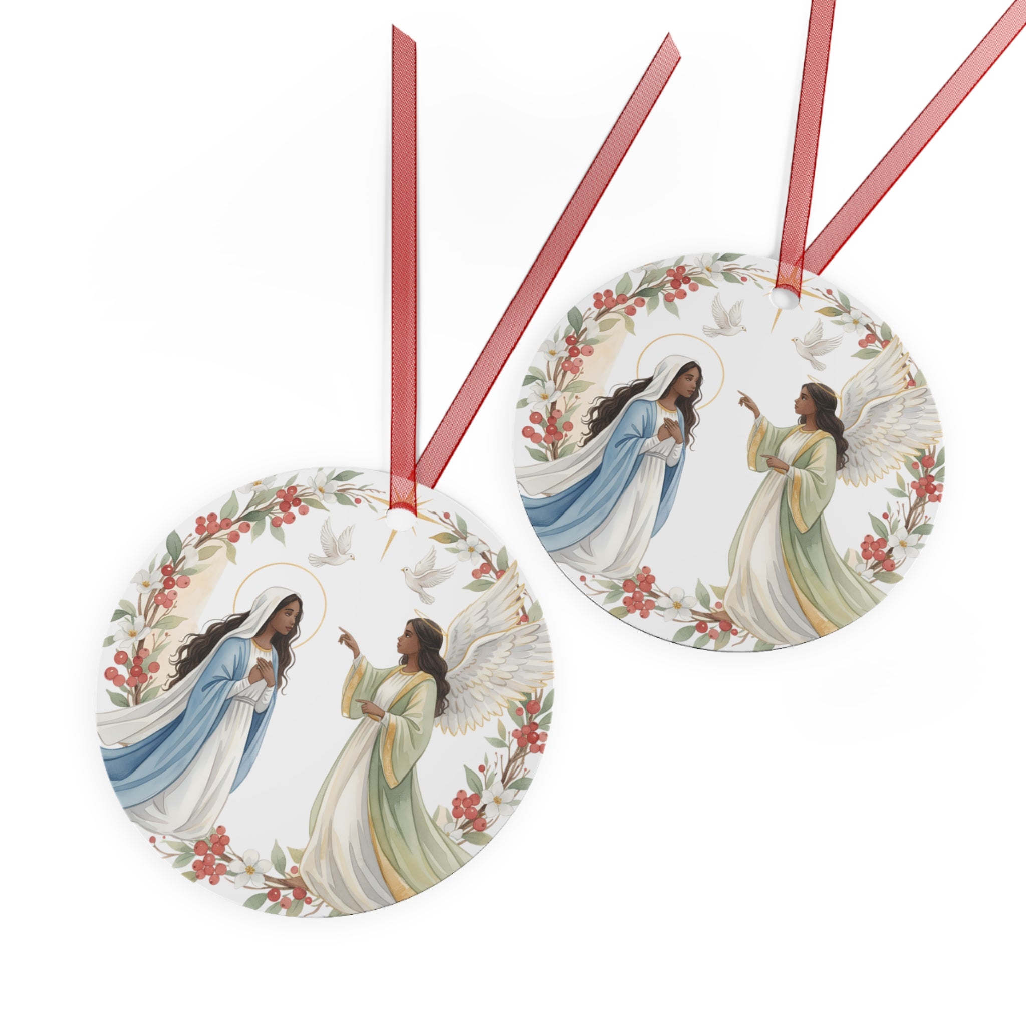 Annunciation Metal Ornament Round · Mary and Angel Watercolor · Christian Christmas Decor · Catholic Gift · Holy Scene Double Sided