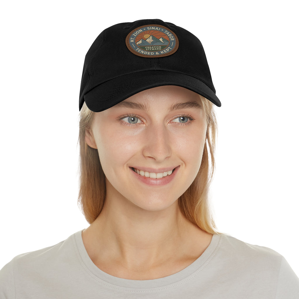 Leather Patch Dad Hat, Christian Mountain Cap, Genesis 2 15 Tended and Kept, Creation Care Outdoor Hat, Gift For Him