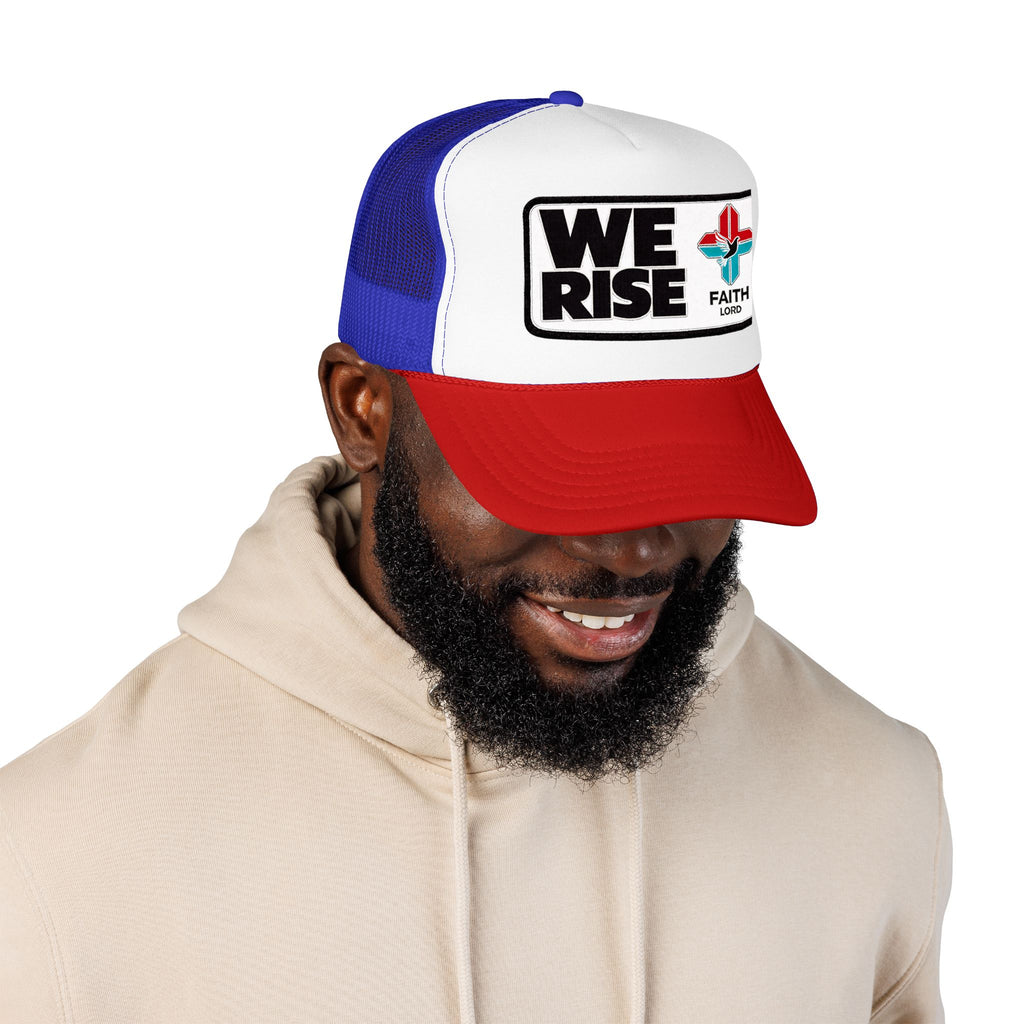Christian Trucker Hat, We Rise Foam Hat, Retro Soccer Fan Cap, Faith Patch Hat, Stadium Style Christian Cap