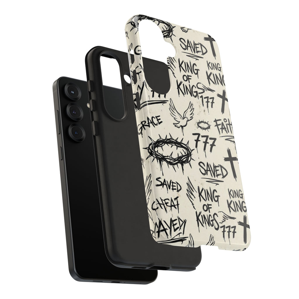 Christian Graffiti Phone Case | "Saved" & "King of Kings" Doodle Art, Urban Streetwear Faith Cover, Modern Religious Sketch Design