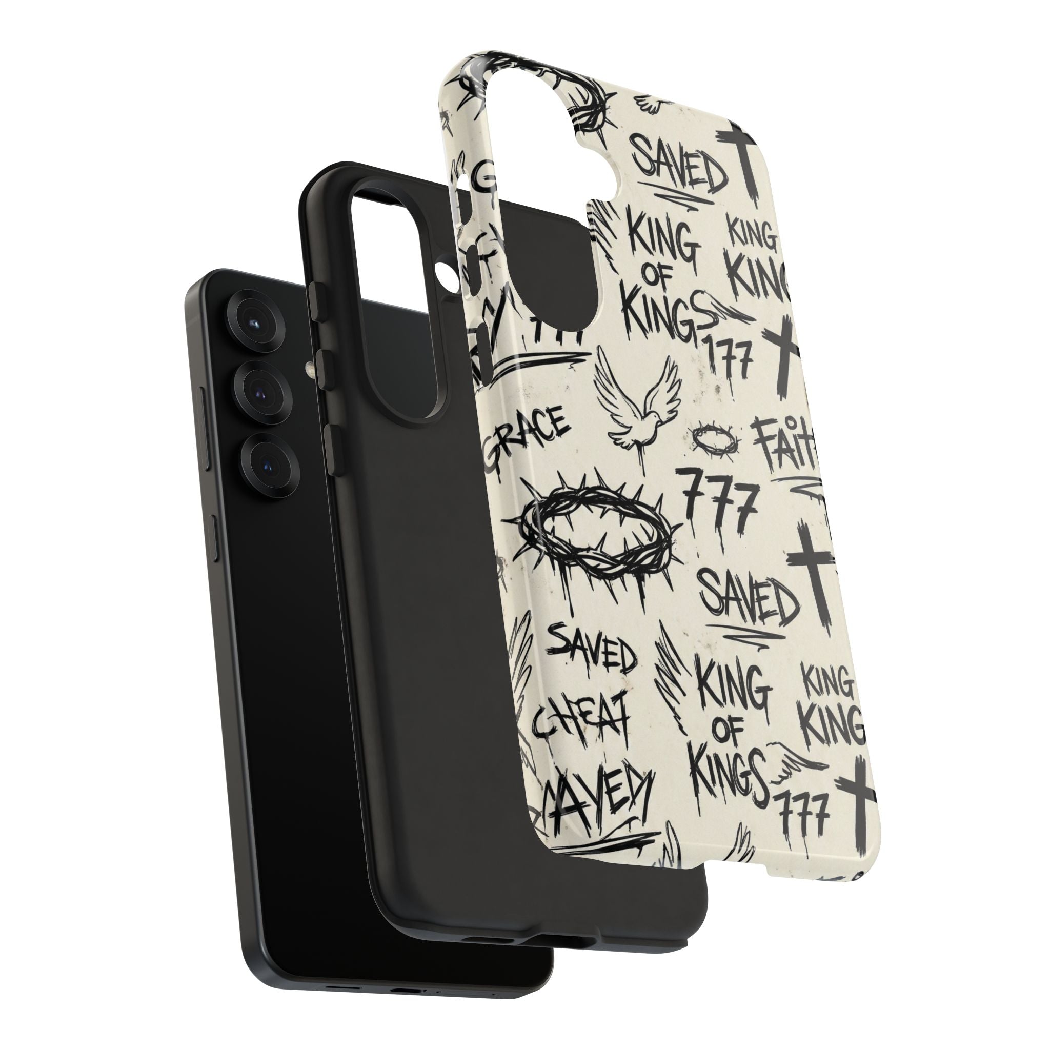 Christian Graffiti Phone Case | "Saved" & "King of Kings" Doodle Art, Urban Streetwear Faith Cover, Modern Religious Sketch Design