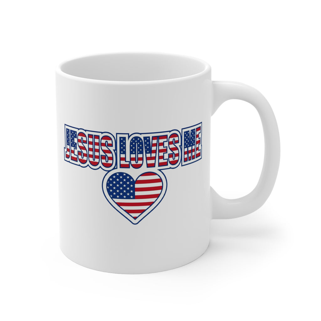 Jesus Loves Me mug | American flag heart, patriotic Christian design