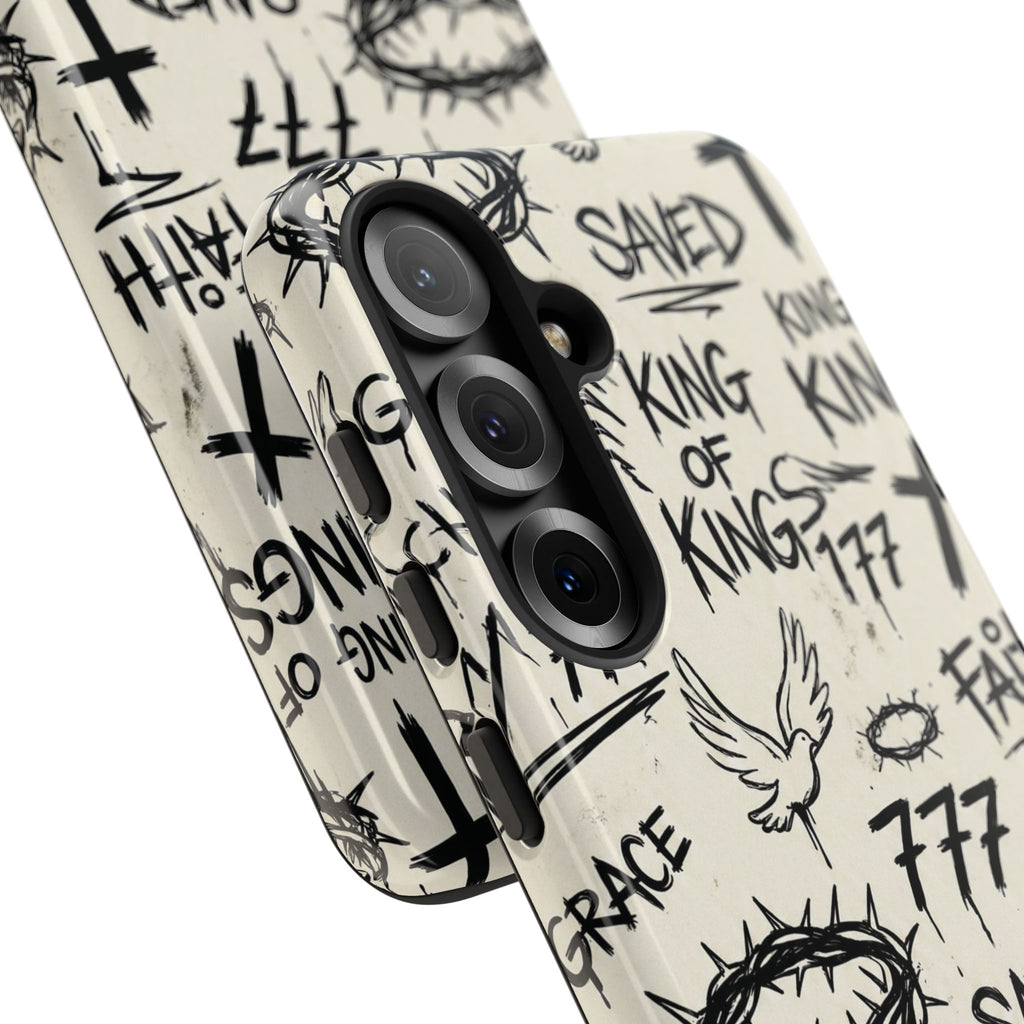 Christian Graffiti Phone Case | "Saved" & "King of Kings" Doodle Art, Urban Streetwear Faith Cover, Modern Religious Sketch Design