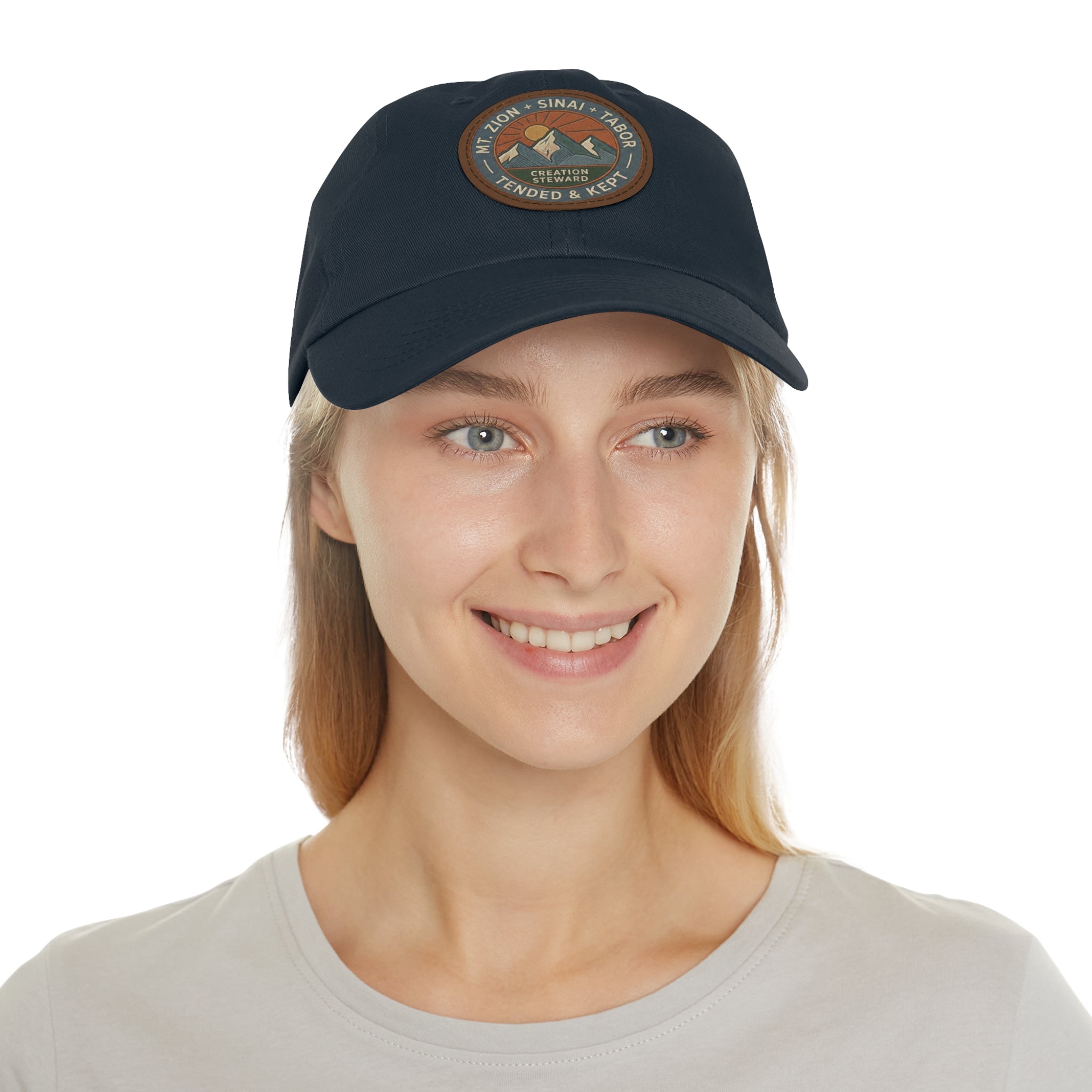 Leather Patch Dad Hat, Christian Mountain Cap, Genesis 2 15 Tended and Kept, Creation Care Outdoor Hat, Gift For Him