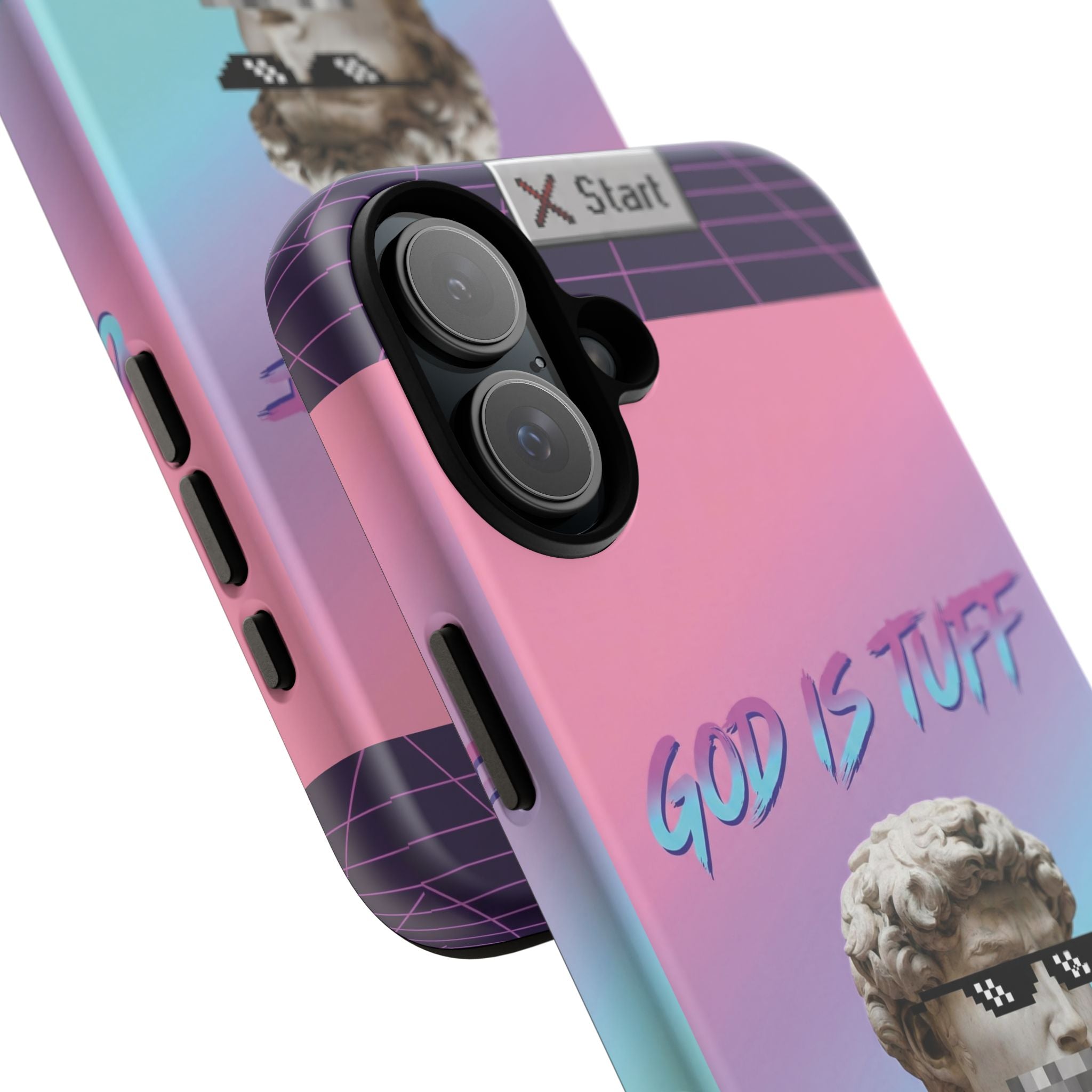 God is Tuff" Vaporwave Christian Phone Case | Aesthetic Statue with Pixel Shades, Retro 80s 90s Synthwave Grid, Gen Z Faith Gift