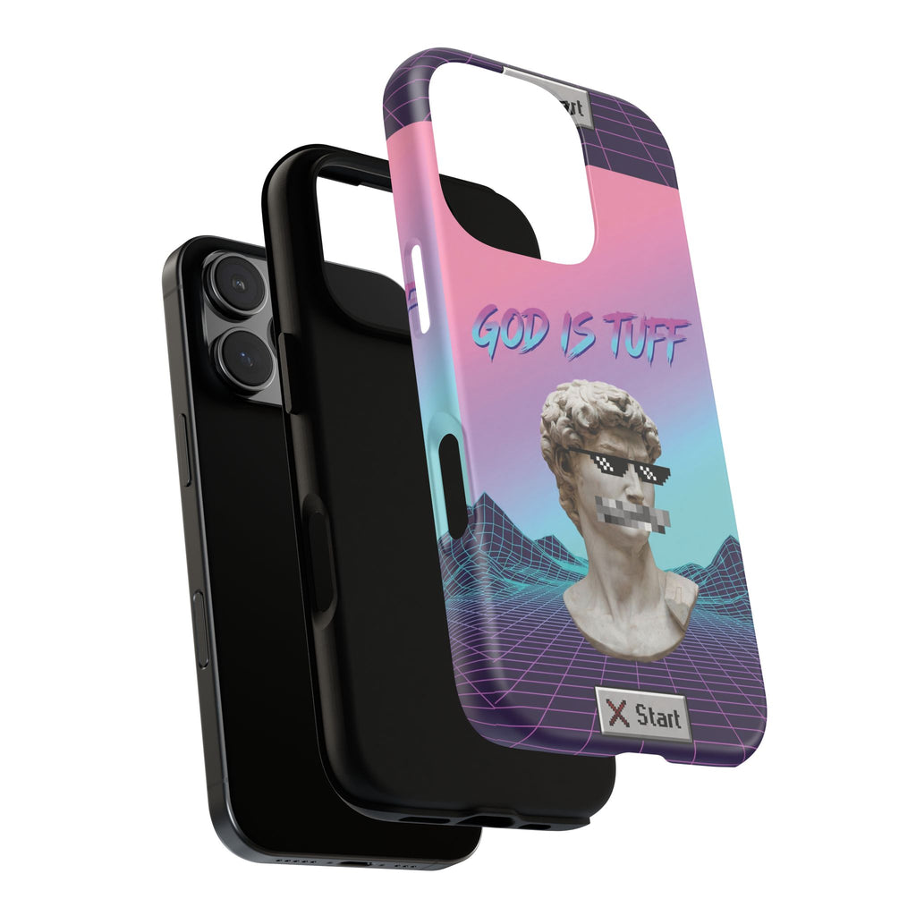 God is Tuff" Vaporwave Christian Phone Case | Aesthetic Statue with Pixel Shades, Retro 80s 90s Synthwave Grid, Gen Z Faith Gift
